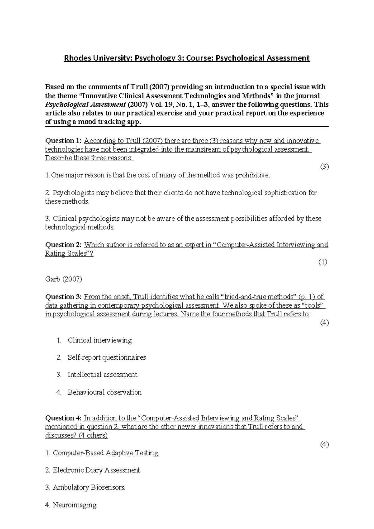 Psychological Assessment Task 2 - Rhodes University: Psychology 3 ...
