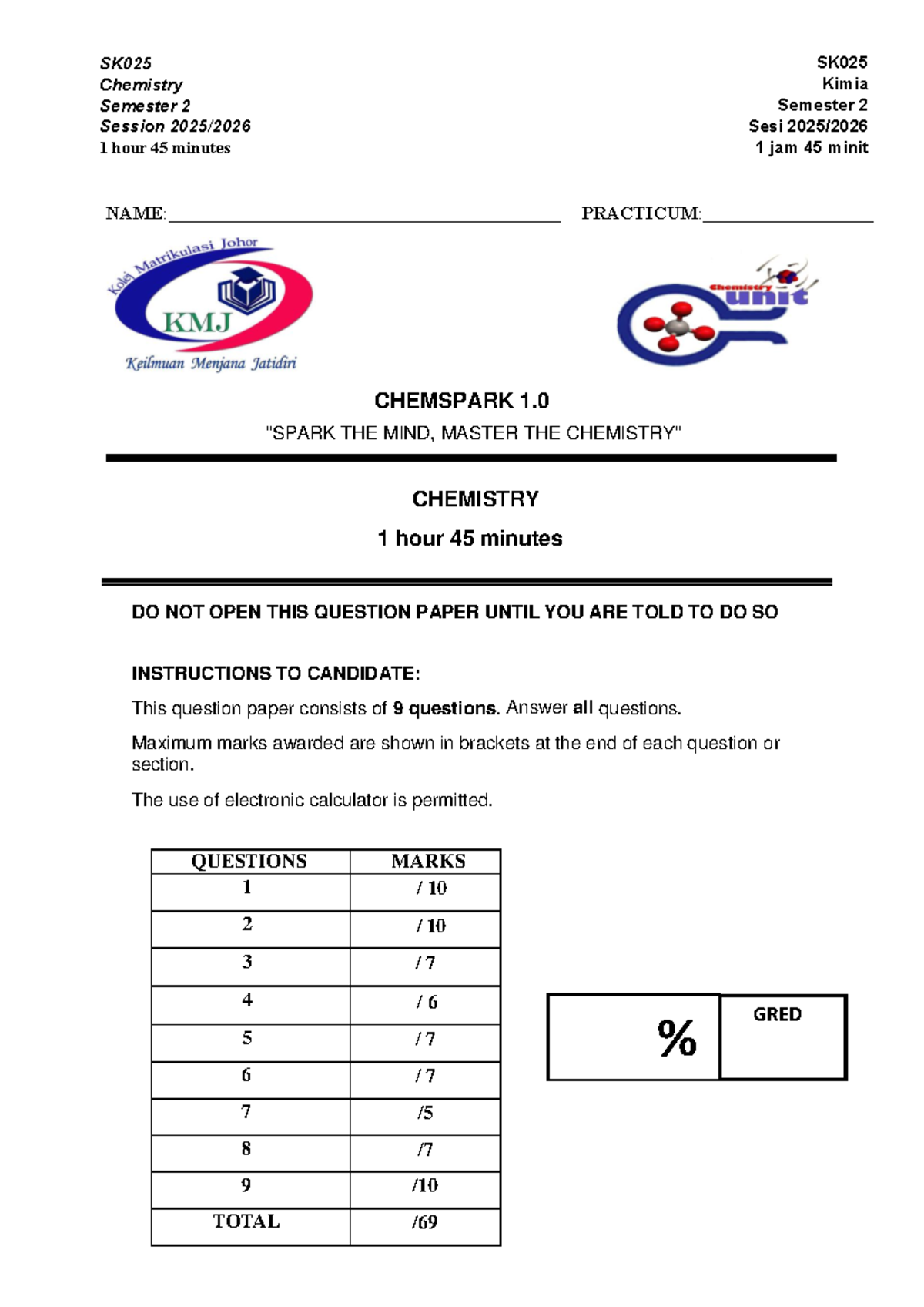 SK025 Chemistry Semester 2 Final Exam - 1 Hour 45 Minutes - Studocu