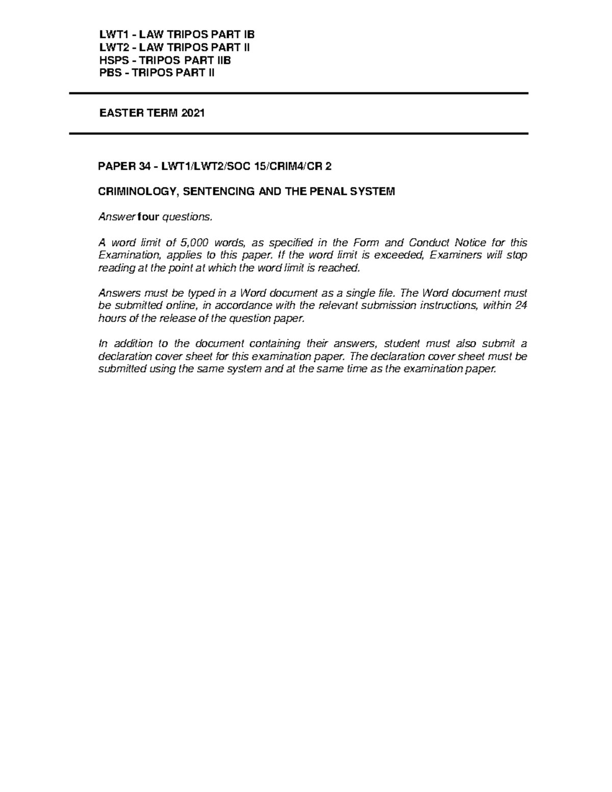 Tripos Paper 34 - Criminology, Sentencing & Penal System - Easter 2021 ...