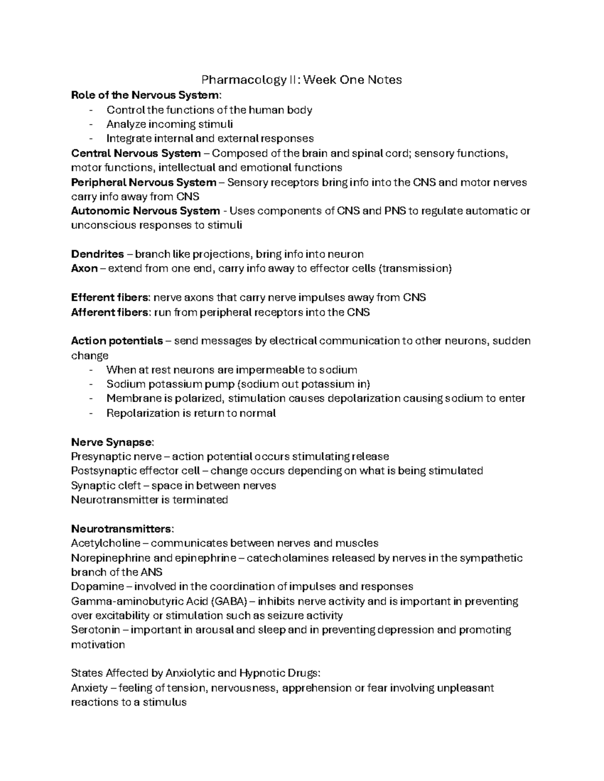 Pharmacology II: Week 1 Notes on Nervous System Functions and Drugs ...