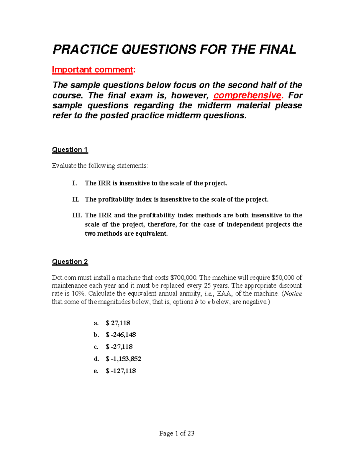 PRACTICE QUESTIONS FOR FINAL EXAM - FINANCE 101 - Studocu