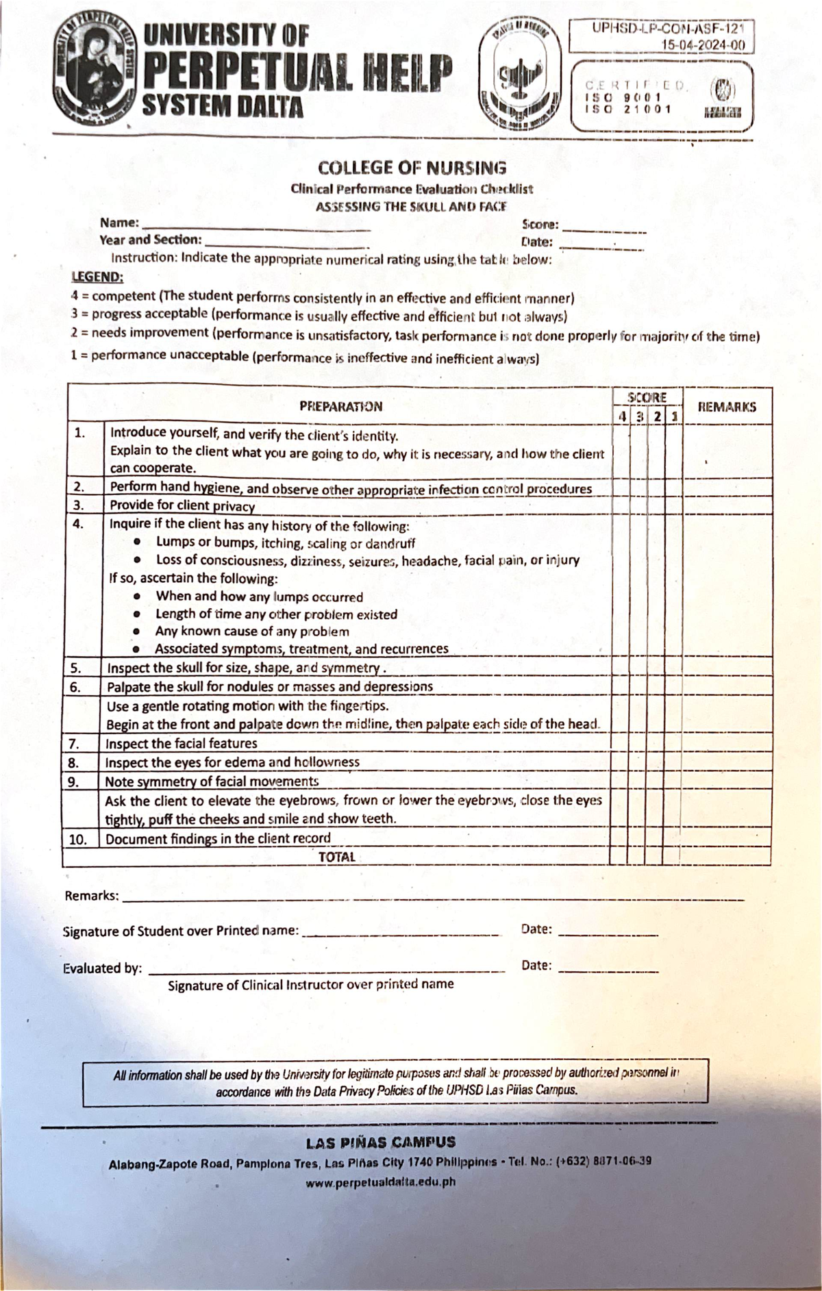 Clinical performance evaluation checklist for HA-RLE nursing students ...