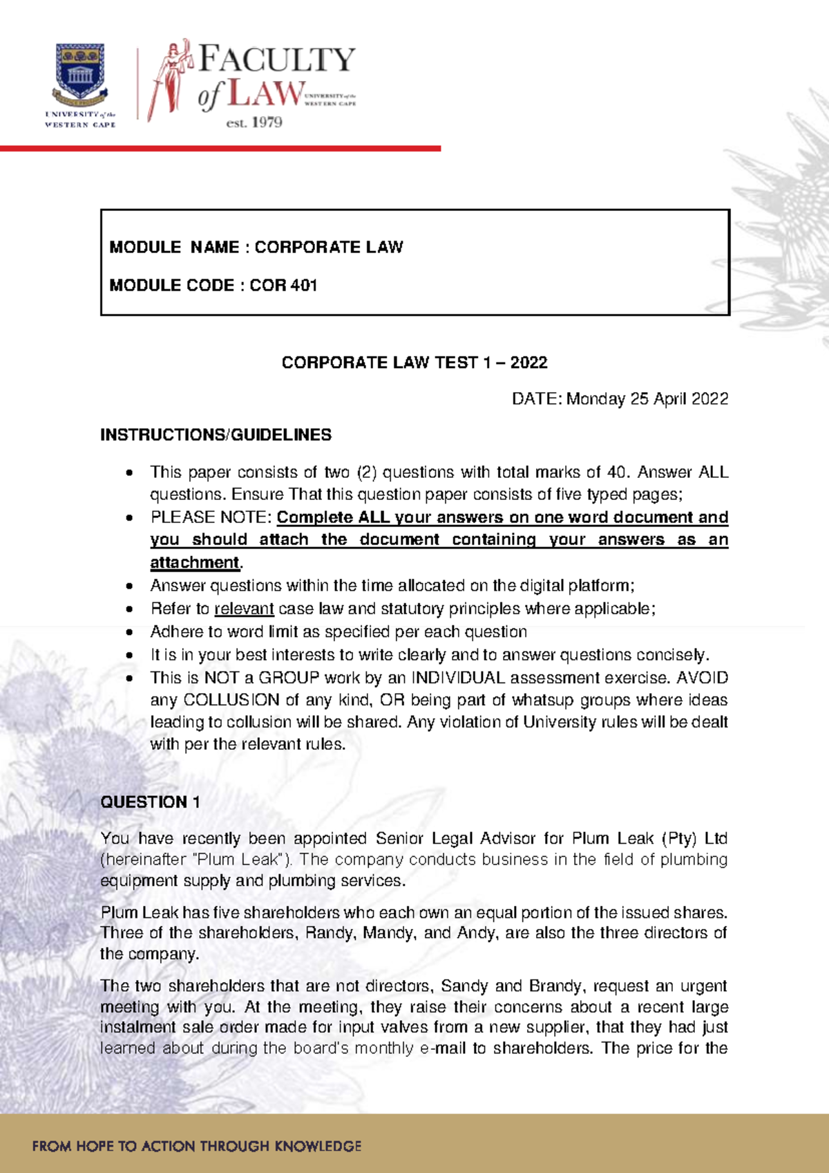 COR 401 - 2022 Corporate Law Test 1 - Legal Analysis & Advisory Notes ...