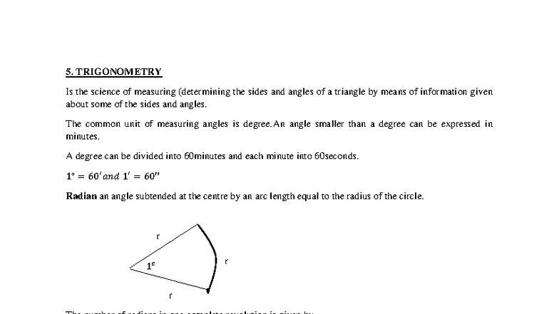 Trigonometry (MATH 101): Understanding Angles and Ratios - Studocu