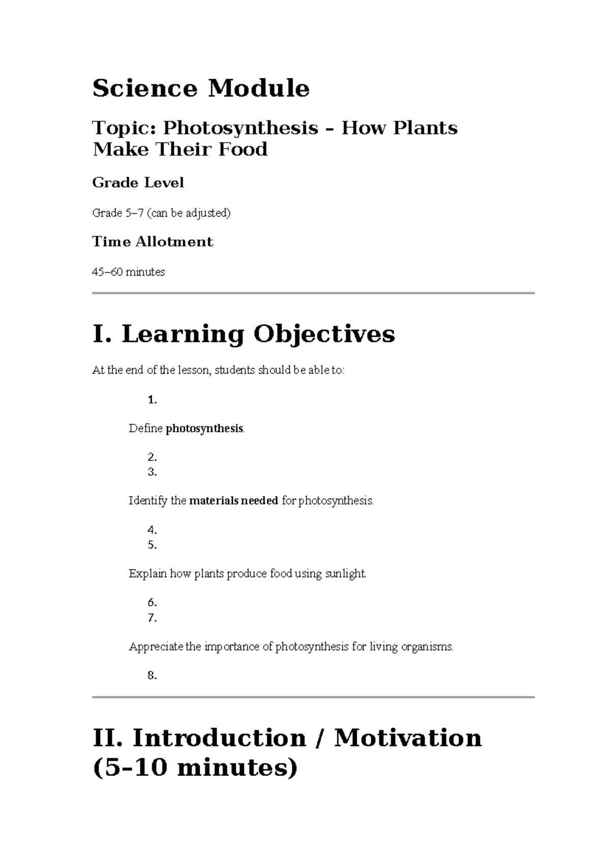 Science Module: Photosynthesis - How Plants Make Food (Grade Level ...