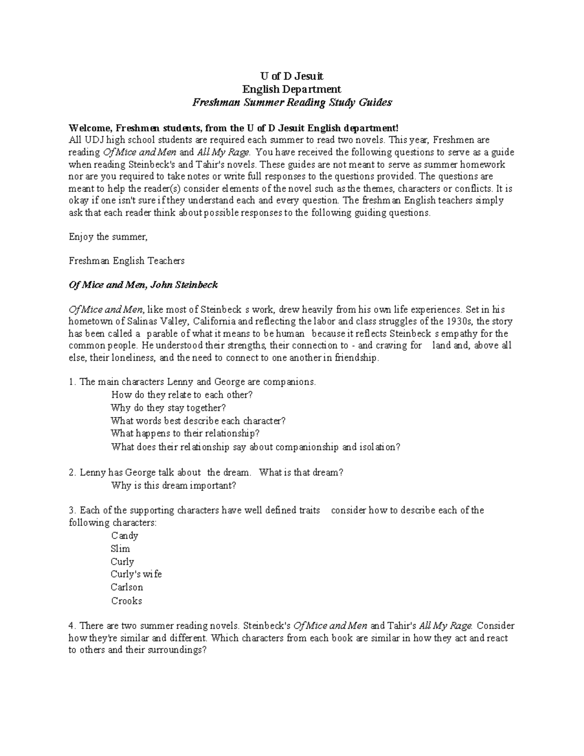 Freshman Summer Reading Study Guide: ENG 101 - Of Mice and Men & All My ...