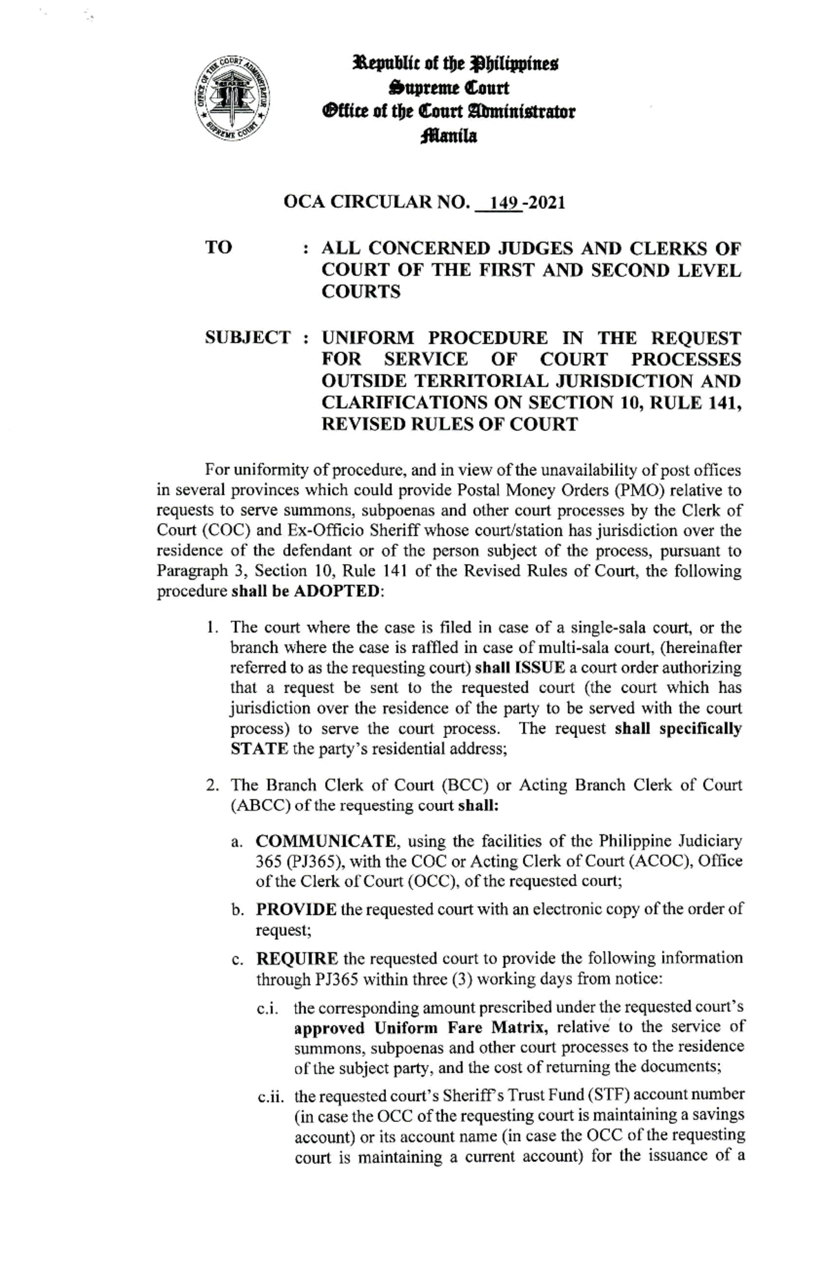 OCA-Circular-No.-149-2021: Guidelines for Summons Service Outside ...