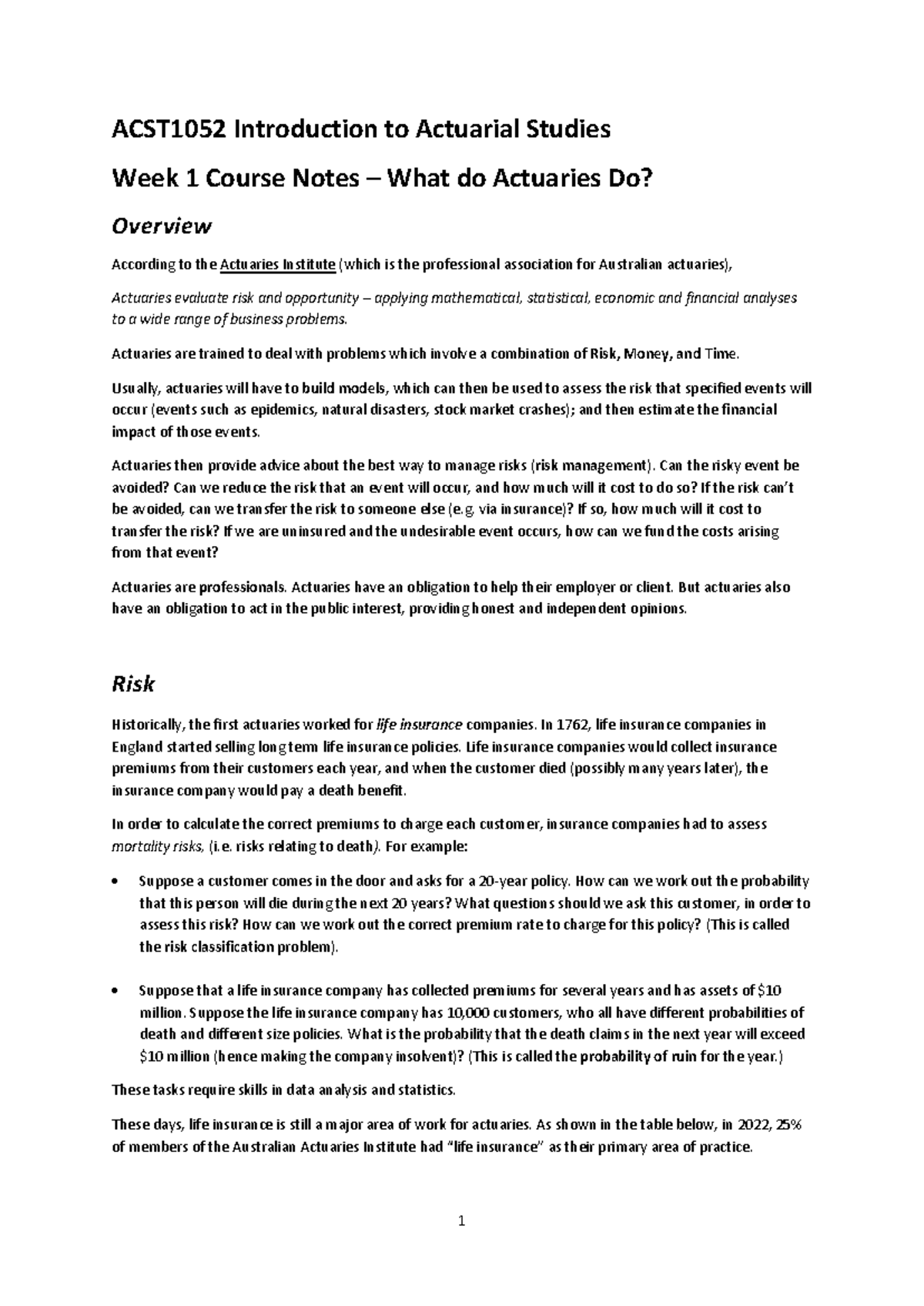 Week 1 - ACST1052 Week 1 Course Notes - Introduction to Actuarial ...