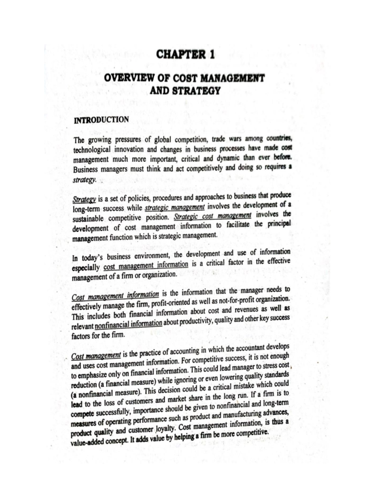 CHAPTER 1: OVERVIEW OF COST MANAGEMENT AND STRATEGY - Studocu