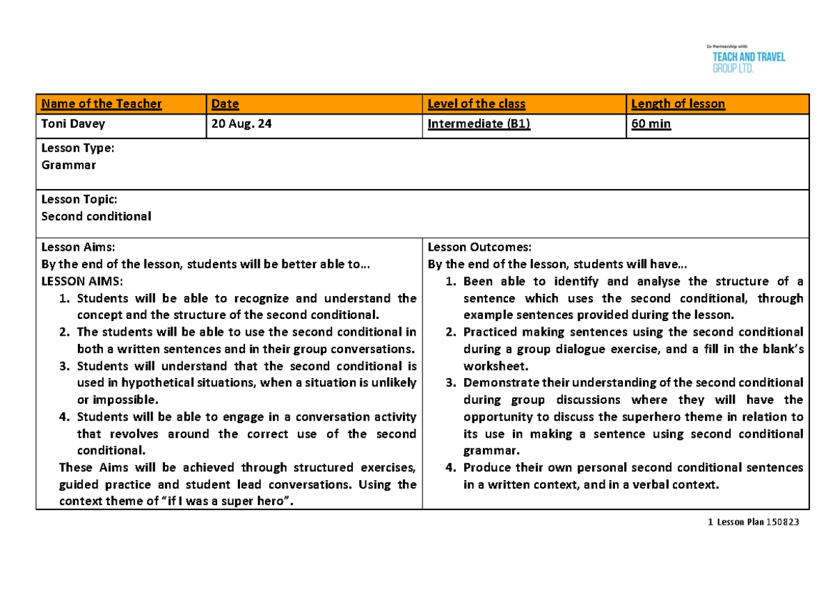 Second Conditional Lesson Plan: TEFL Assignment 2 (B1) - Studocu