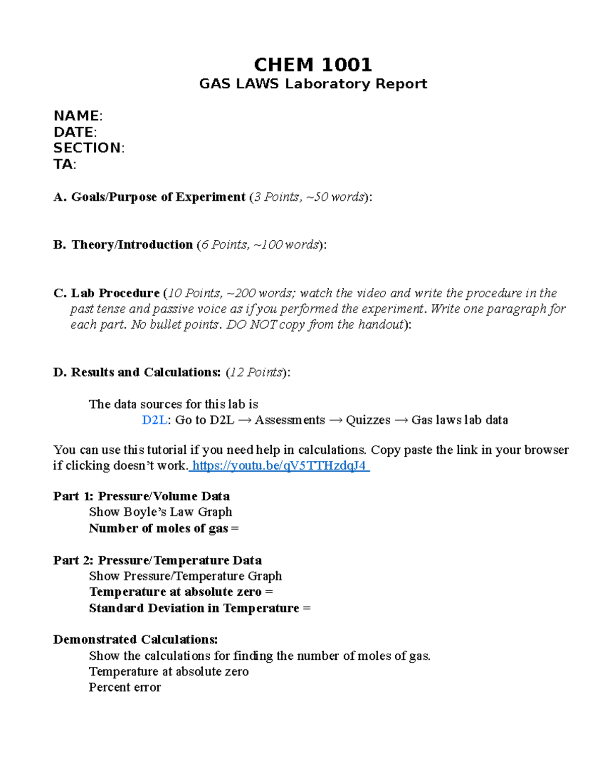 CHEM 1001 Gas Laws Laboratory Report Template - Studocu