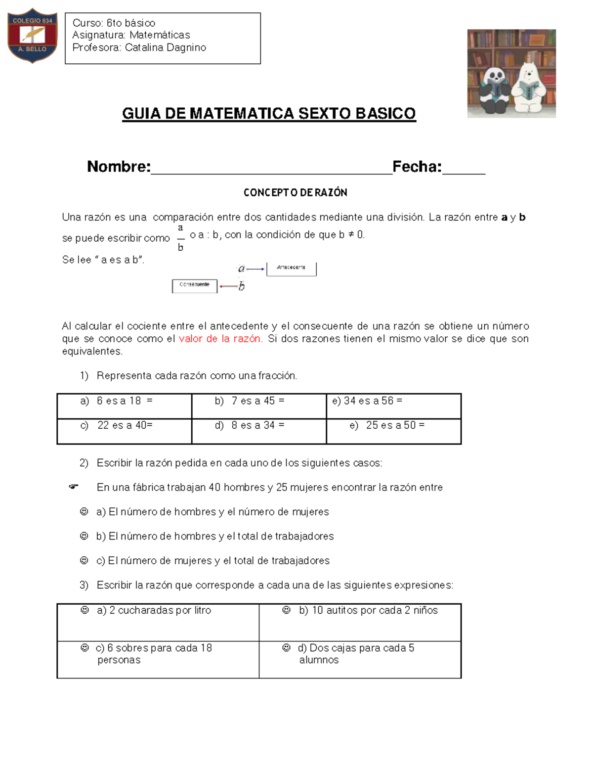 GUIA DE MATEMATICA 6TO BASICO: CONCEPTO DE RAZON - Studocu