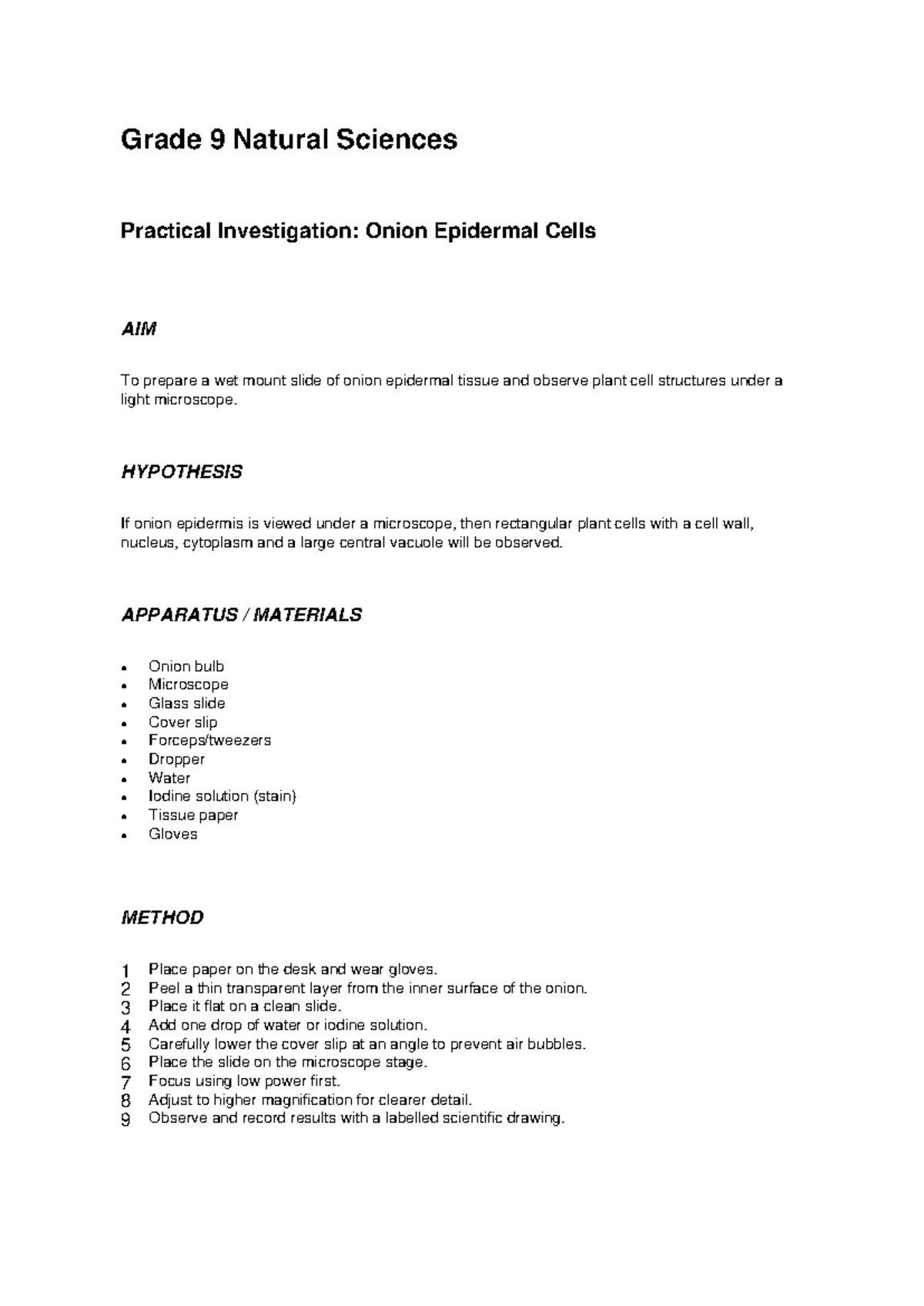 Grade 9 Natural Sciences Practical: Onion Cell Investigation - Studocu