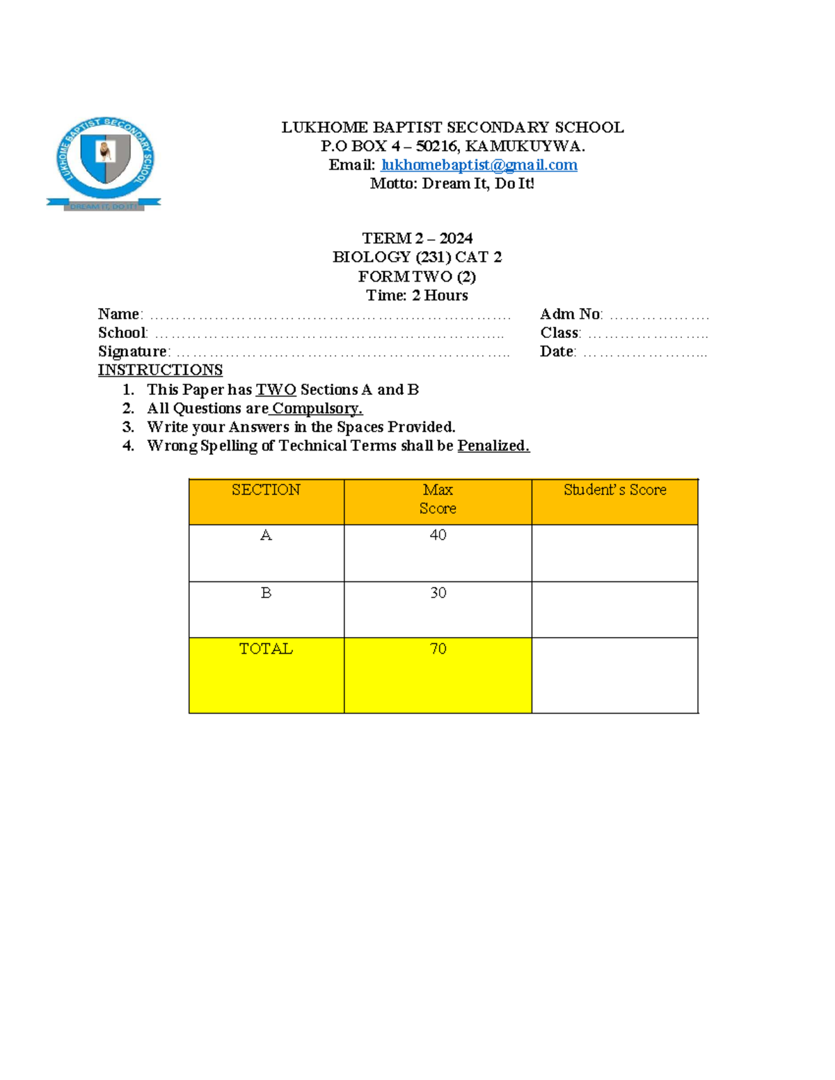 Biology Form 2 Term 2 (231) CAT 2 Exam Paper - Studocu