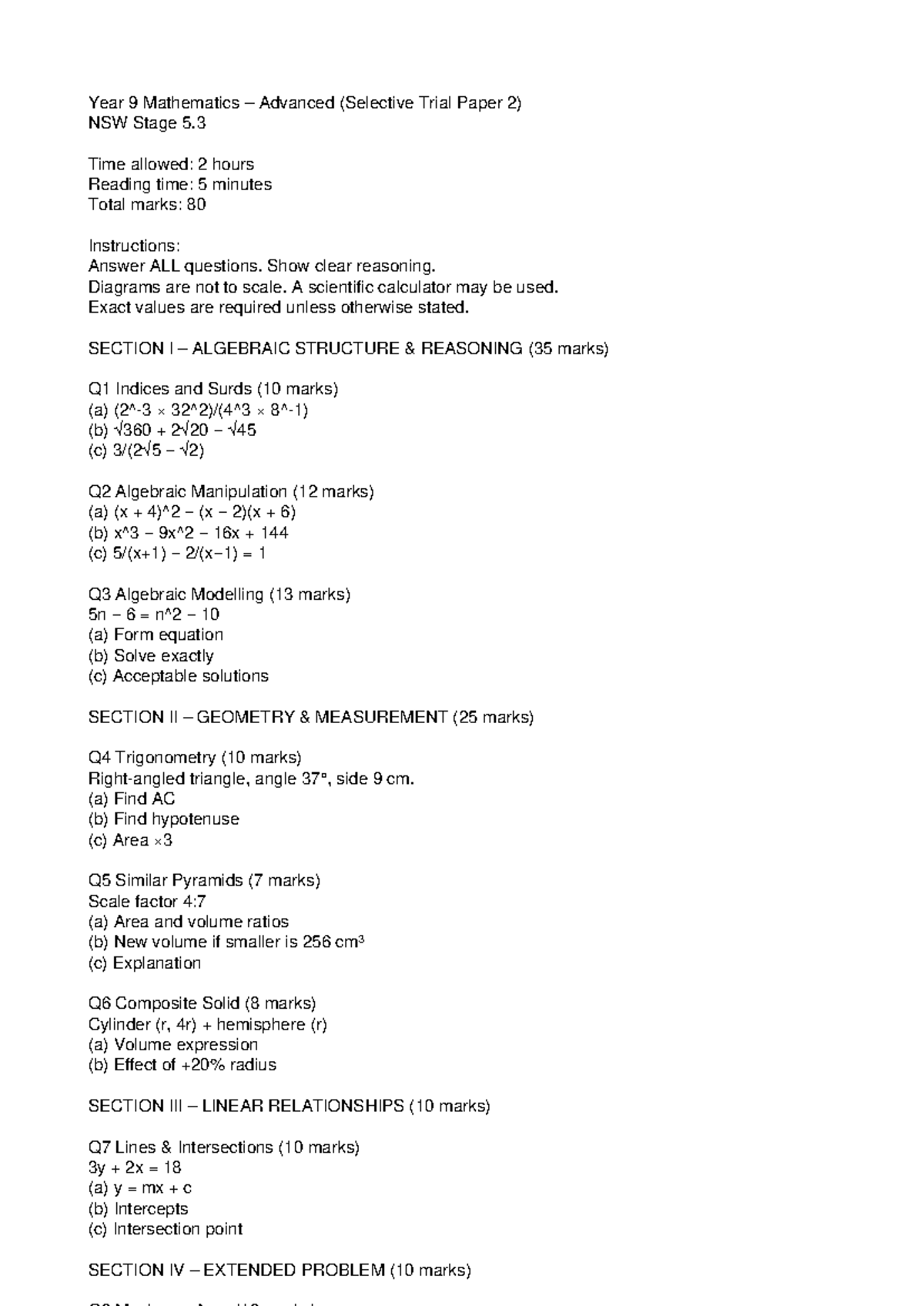 Year 9 Mathematics Advanced (Selective) Trial Paper 2 - NSW Stage 5.3 ...