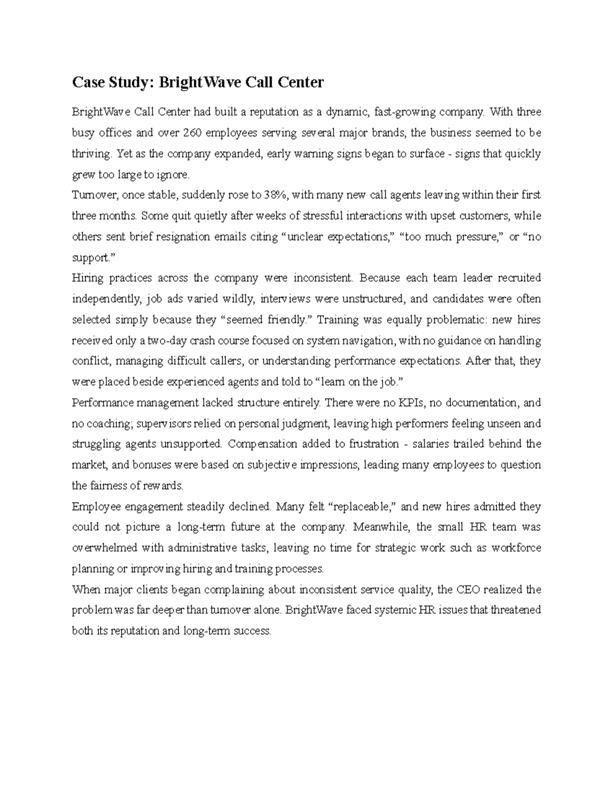 HRM - EXAM PREP - Case Study: Challenges at BrightWave Call Center ...