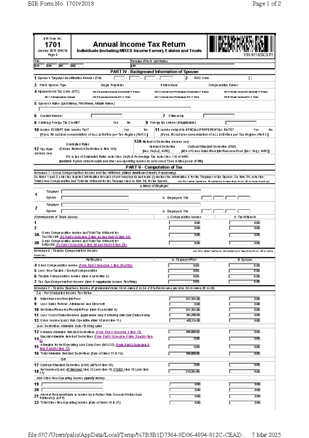 BIR Form No. 1701v2018 Annual Income Tax Return (2024) - Studocu
