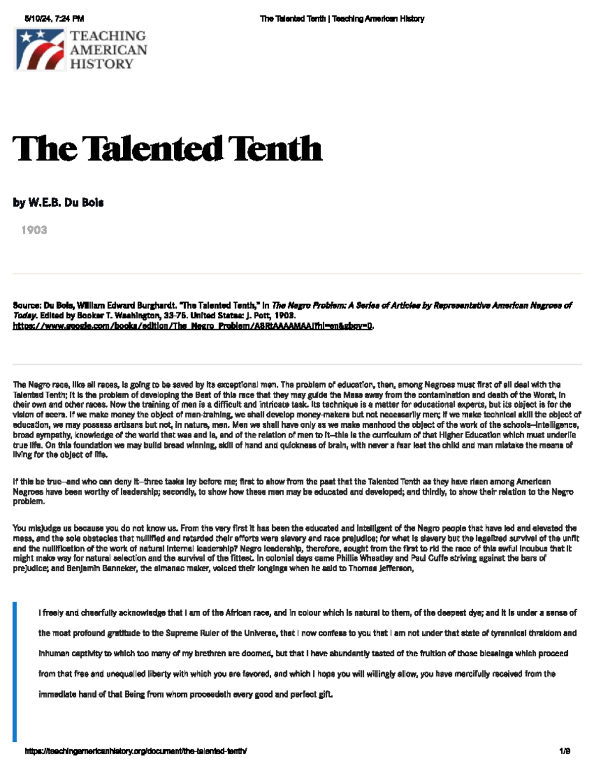 The Talented Tenth: Insights on Negro Education and Leadership in ...
