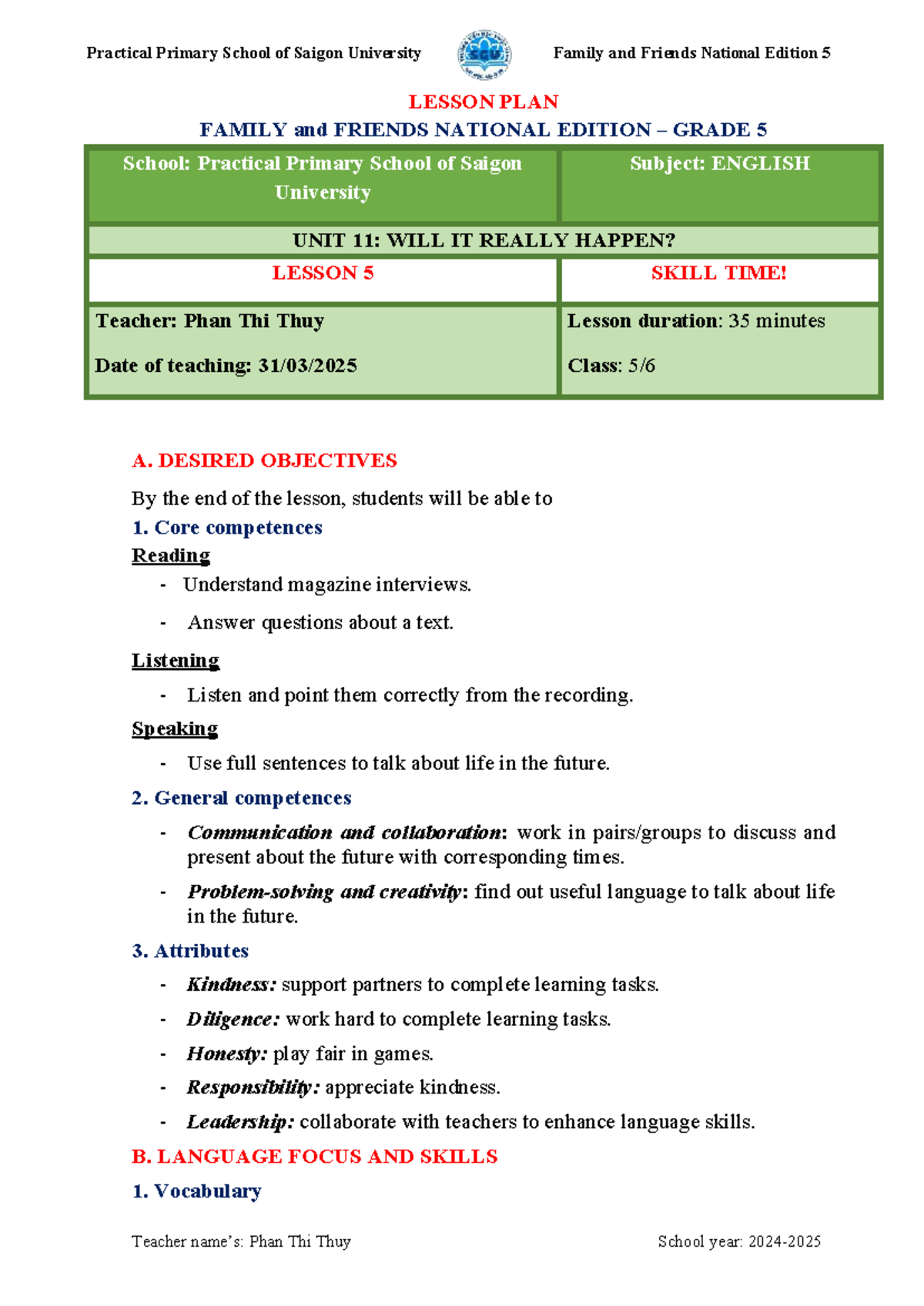 Family and friends national edition 5 lesson plan for unit 11 - Studocu