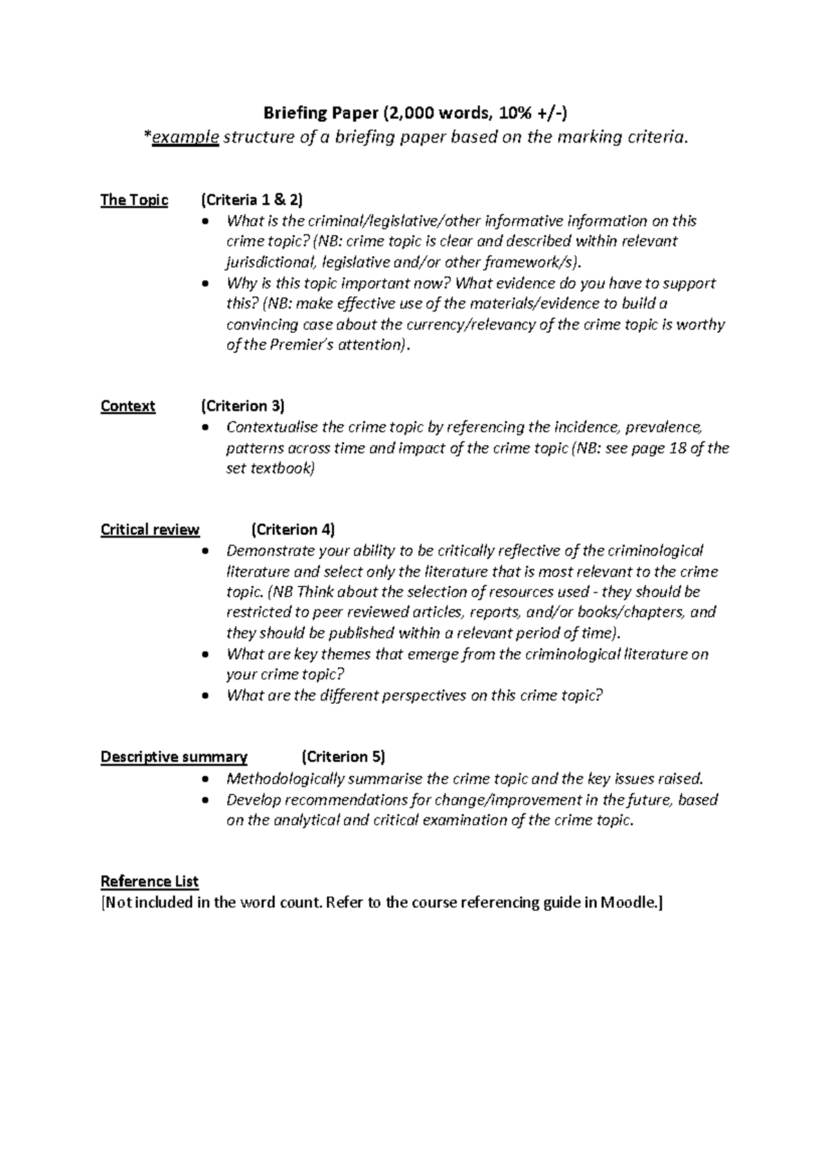 Briefing Paper Structure for Criminology Analysis: Key Criteria - Studocu