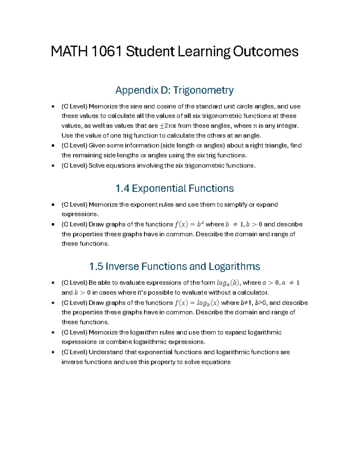 MATH 1061 Comprehensive Student Learning Outcomes Overview - Studocu