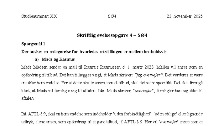 SØ4 - HA JUR - Skriftlig Øvelsesopgave 4: Retstillingen mellem Mads ...