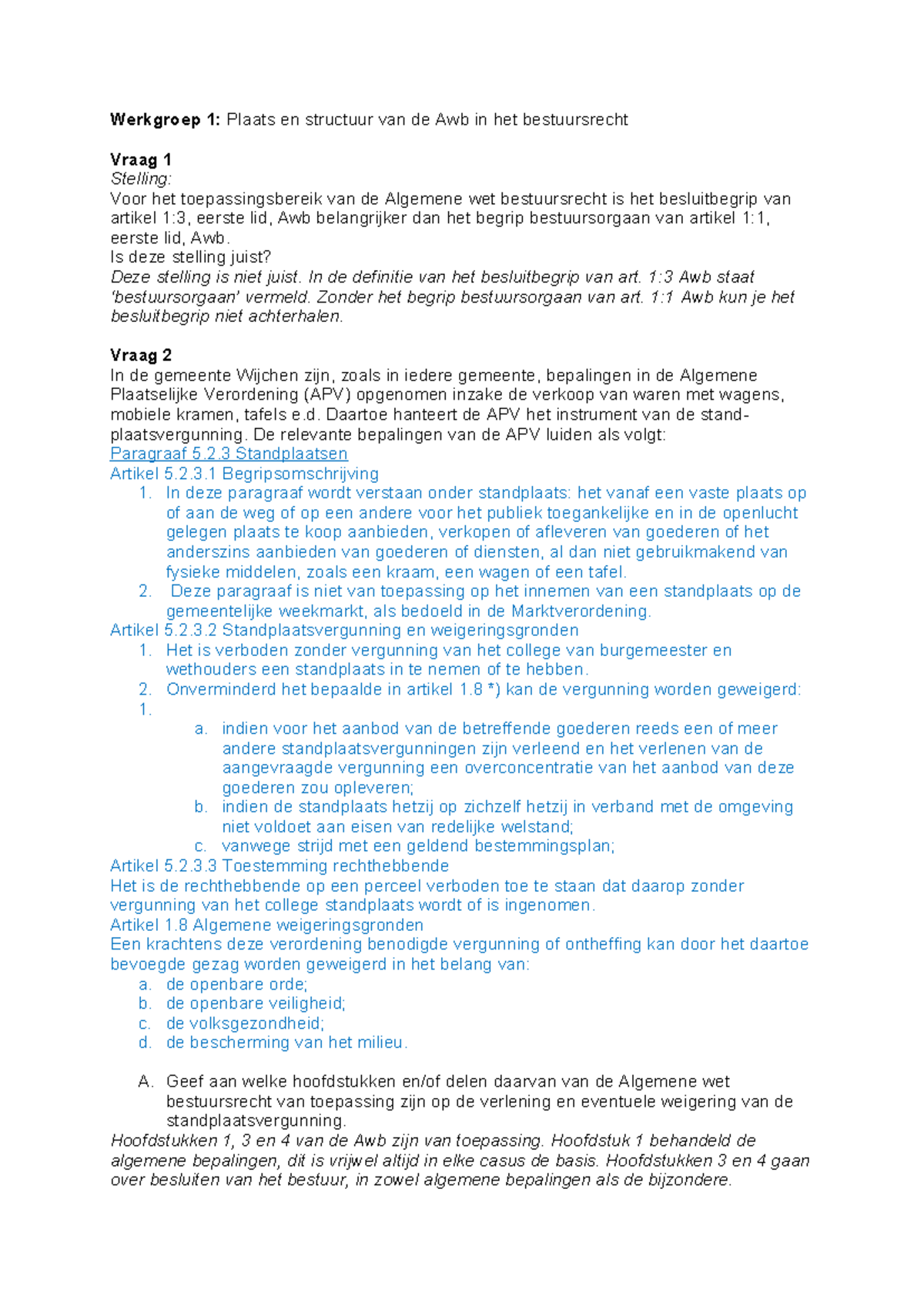 WG1: Plaats en Structuur van de Awb in het Bestuursrecht - Studeersnel