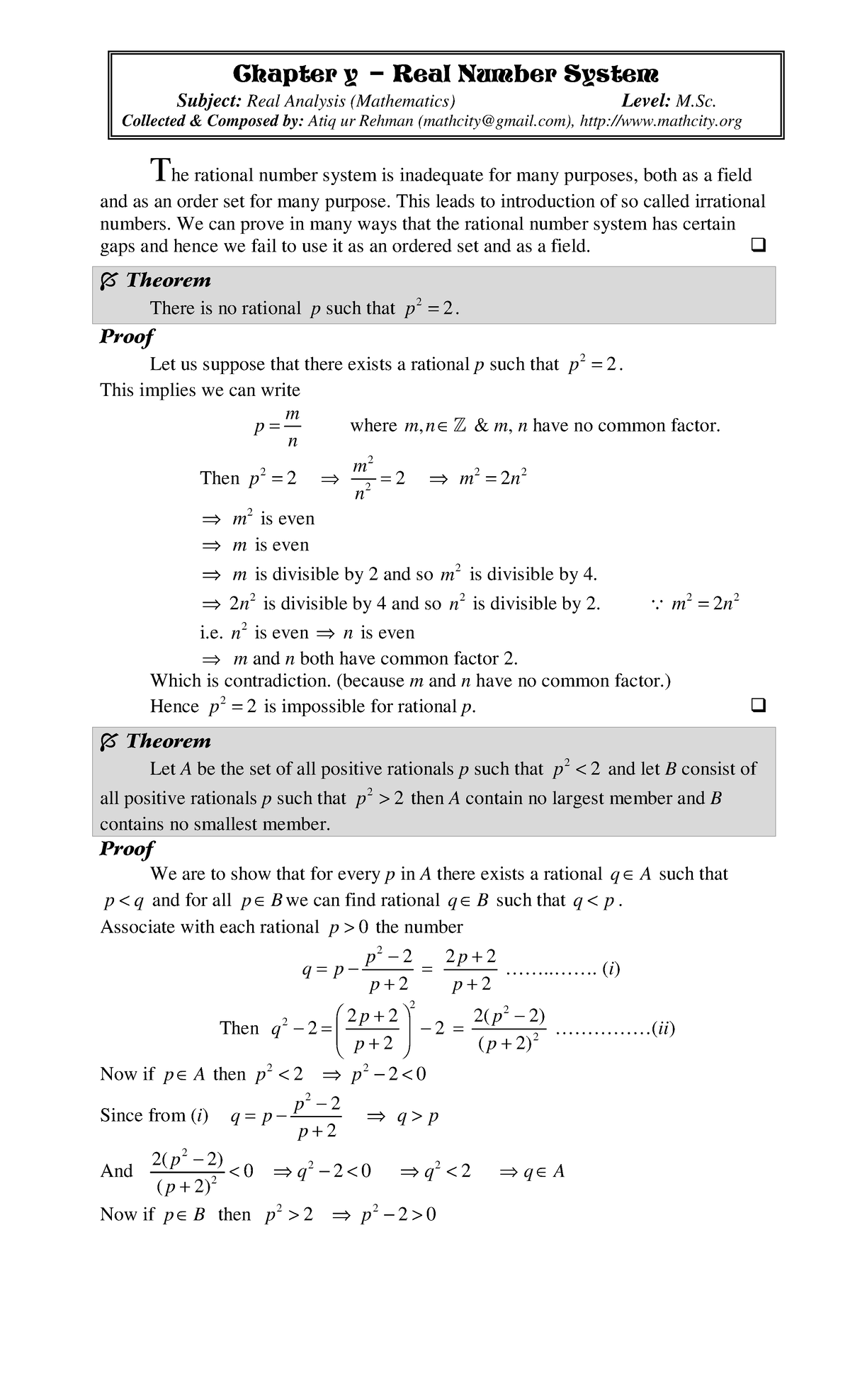 Ch. 01 Real Number System - Real Analysis Notes (M.Sc.) - Studocu