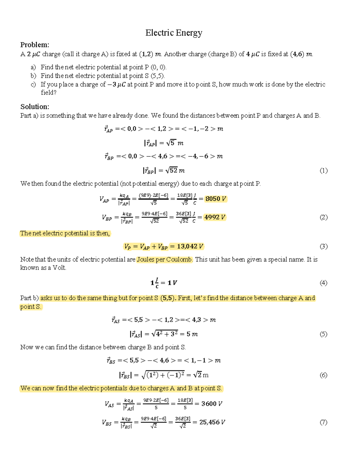 3 Electric-Energy Pre final - Electric Energy Problem: A 2 𝜇𝐶 charge ...