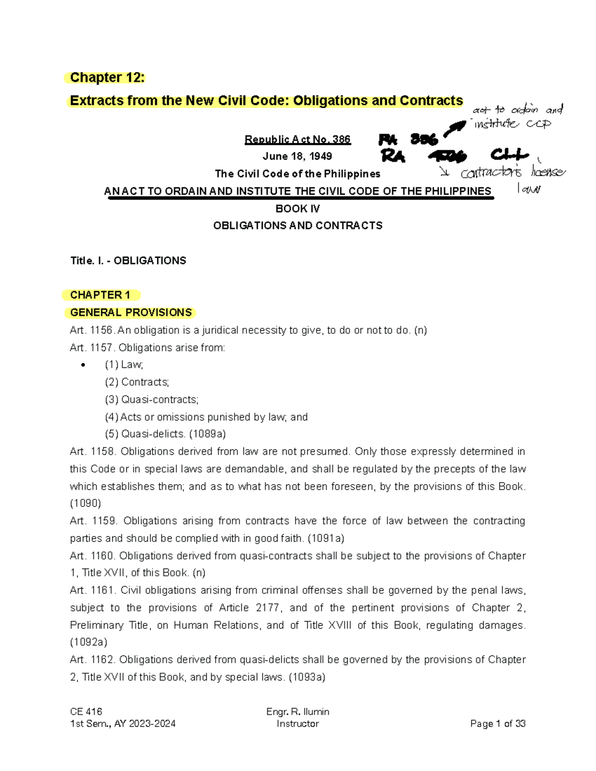 Chapter 12: Obligations and Contracts from the New Civil Code (CE 416 ...