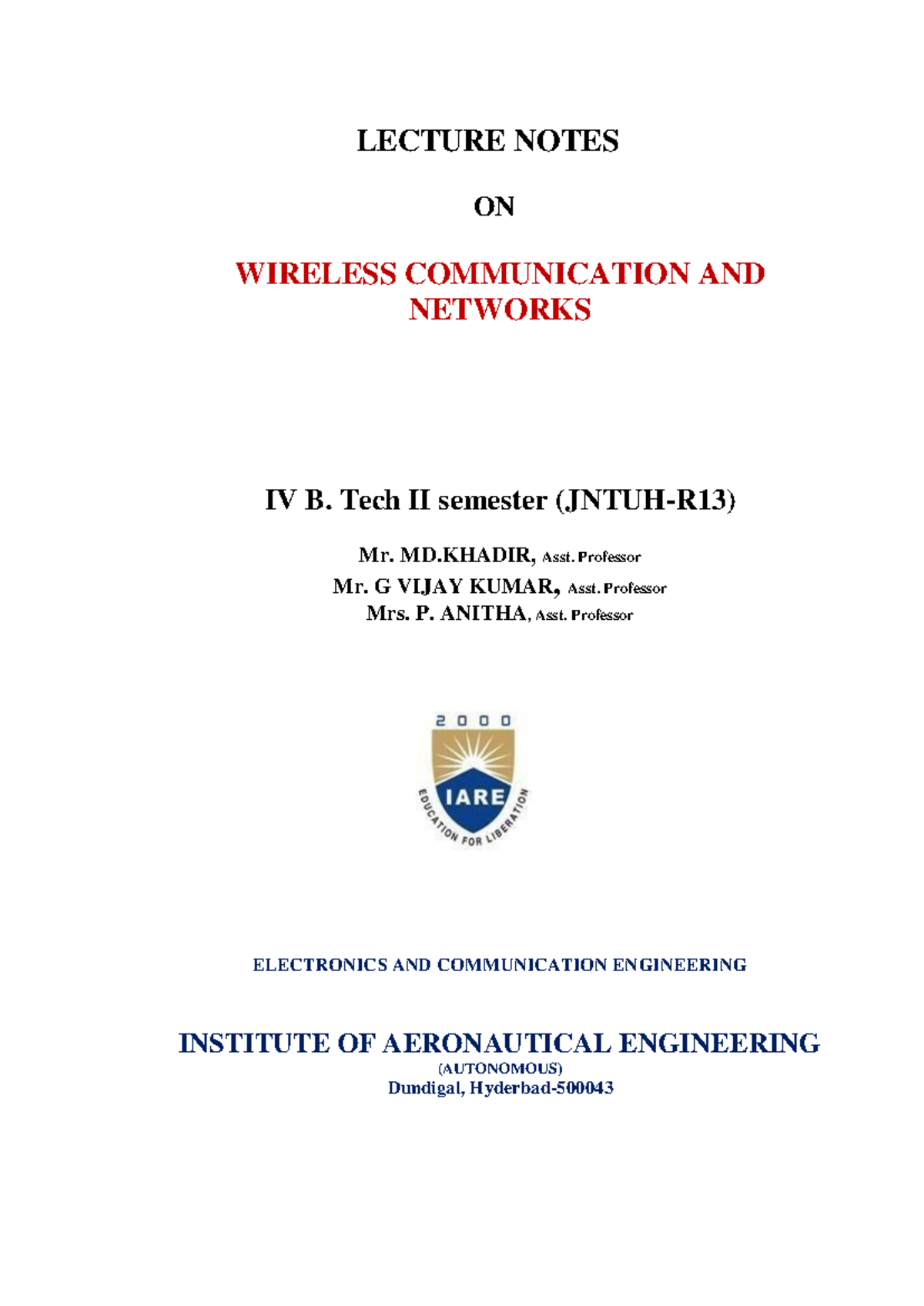 Wireless Communication Notes - LECTURE NOTES ON WIRELESS COMMUNICATION ...