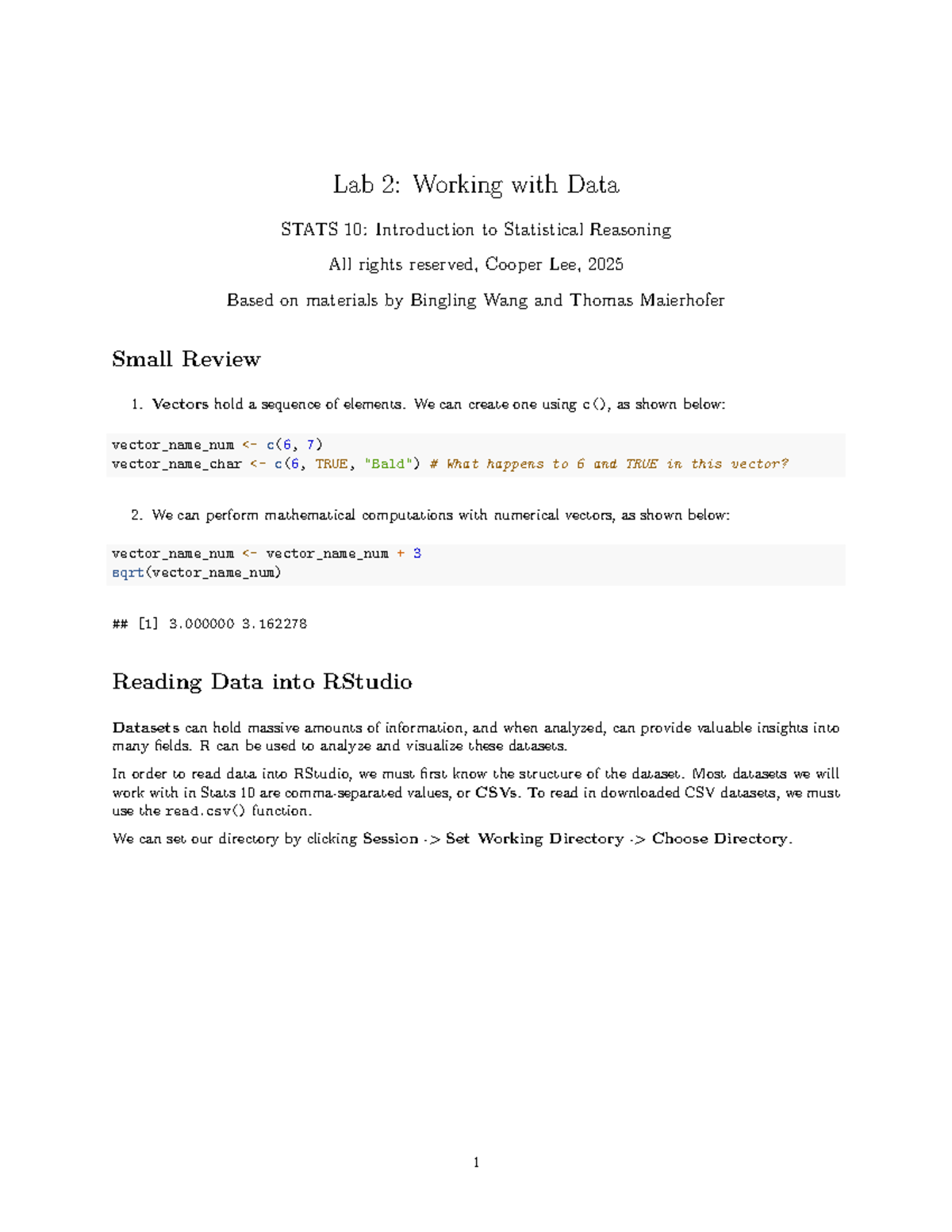 Lab 2: Working with Data in R - STATS 10 Instructions - Studocu
