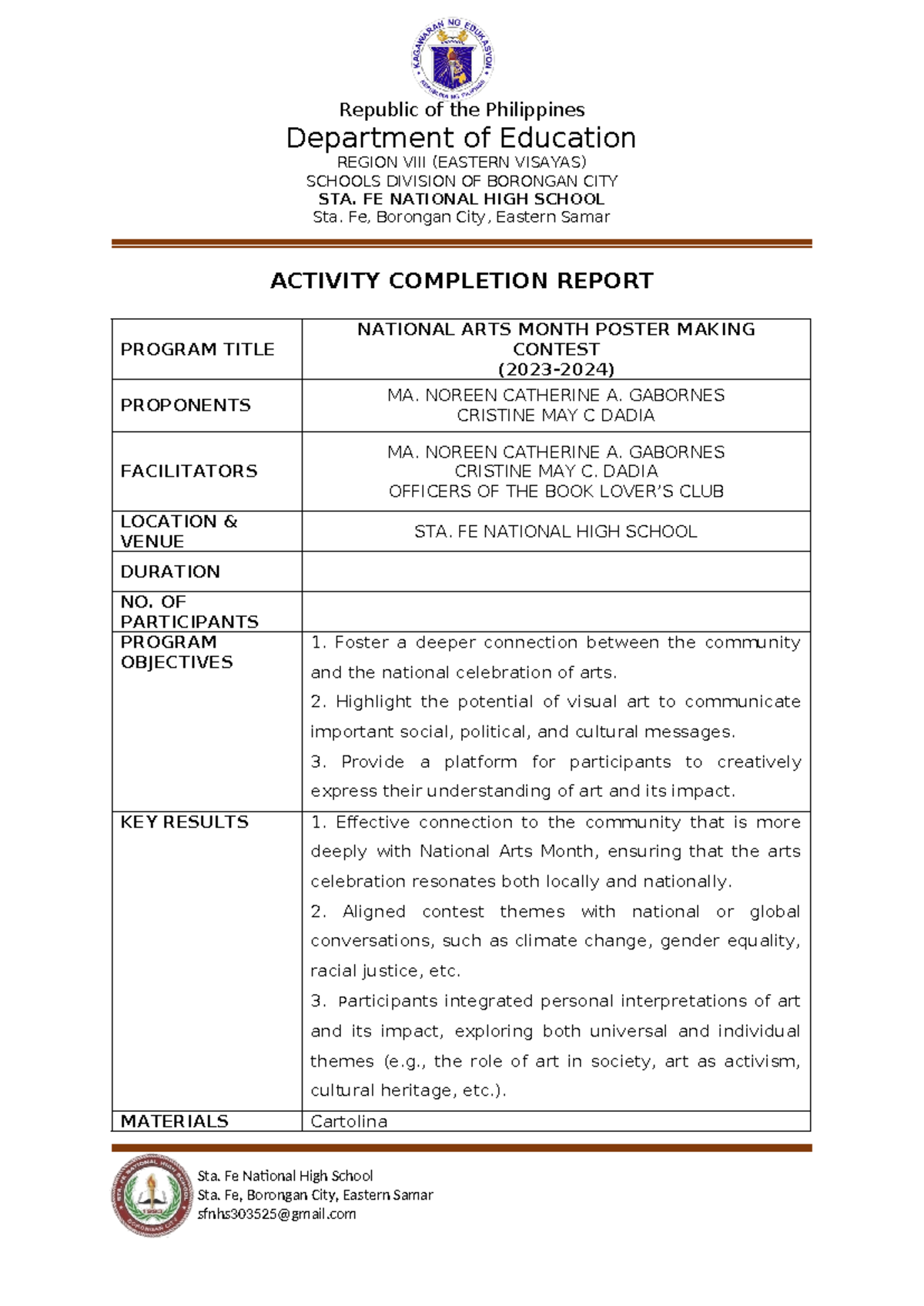 National Arts Month Poster Making Activity Completion Report ACR - Studocu