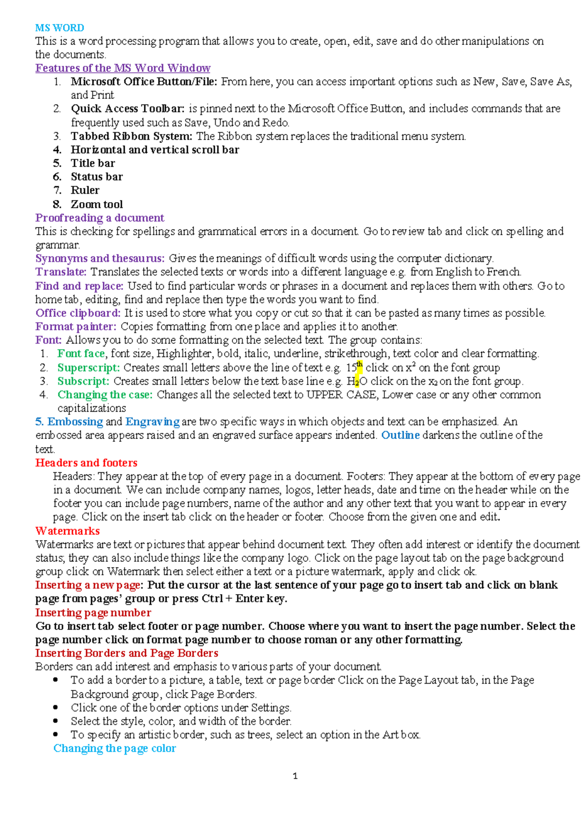 MS Word Notes - ICT: Comprehensive Guide to Word Processing Features ...