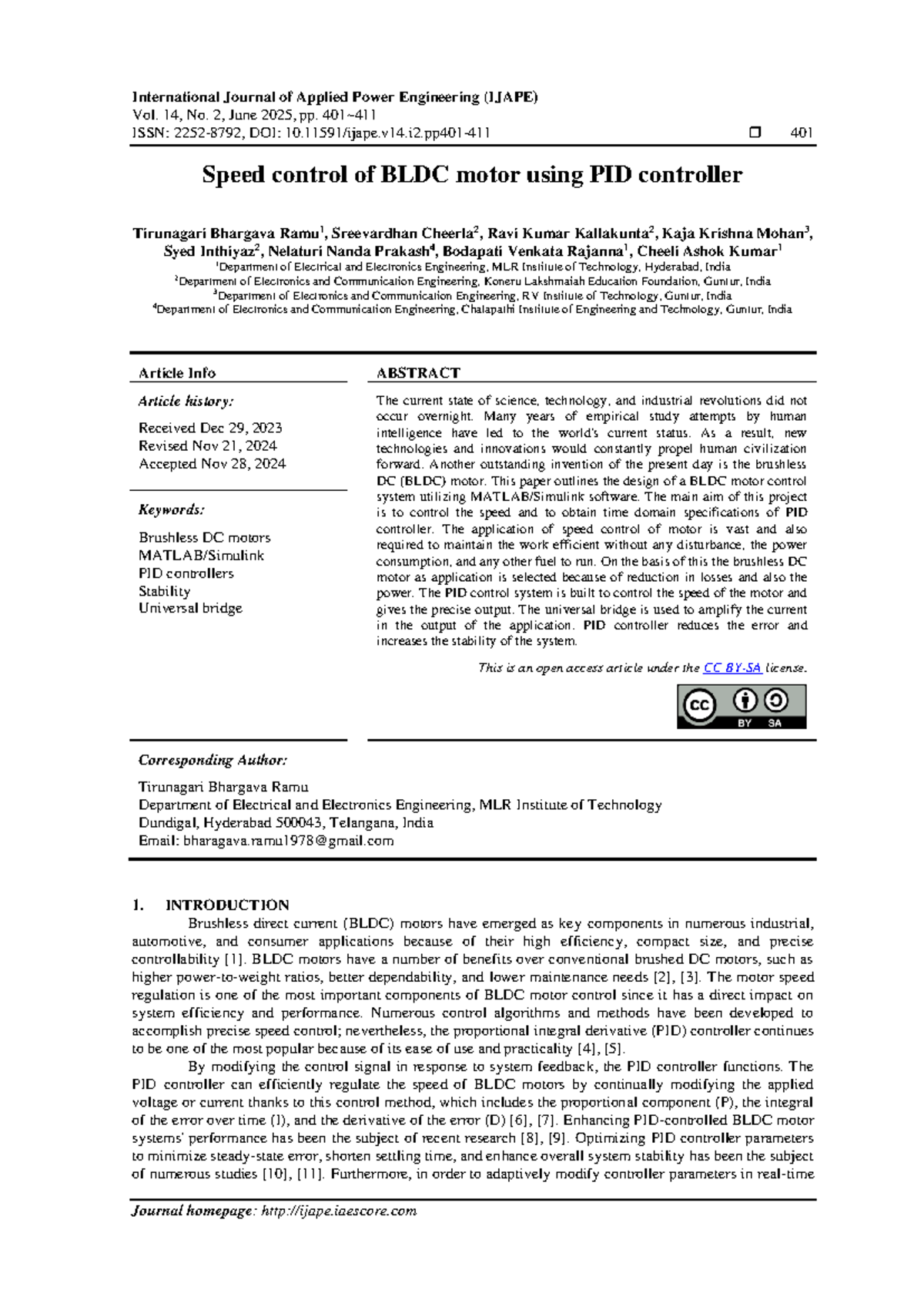 Speed Control of BLDC Motor Using PID Controller - IJAPE Vol. 14, No. 2 ...
