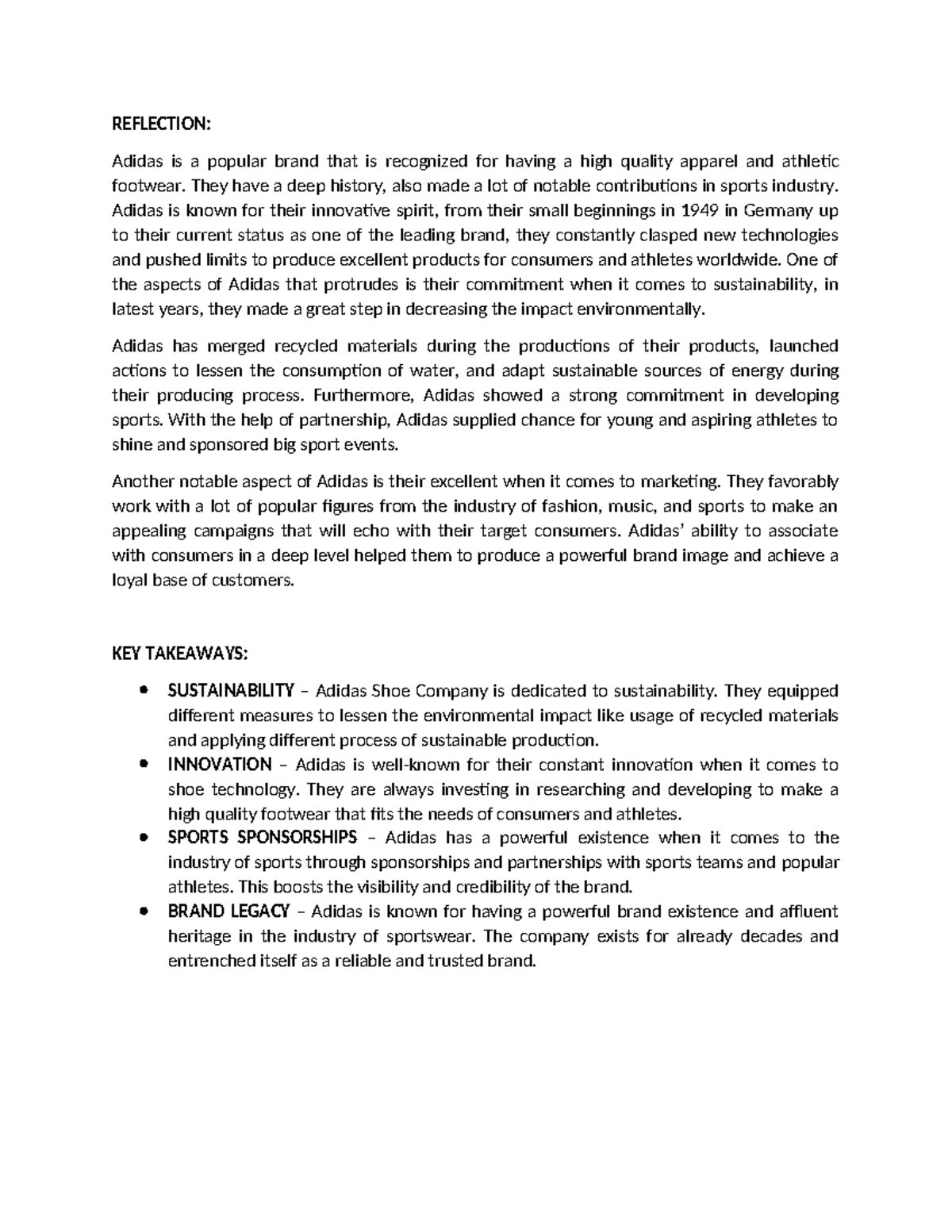Reflection-KEY- Takeaways - REFLECTION: Adidas is a popular brand that ...