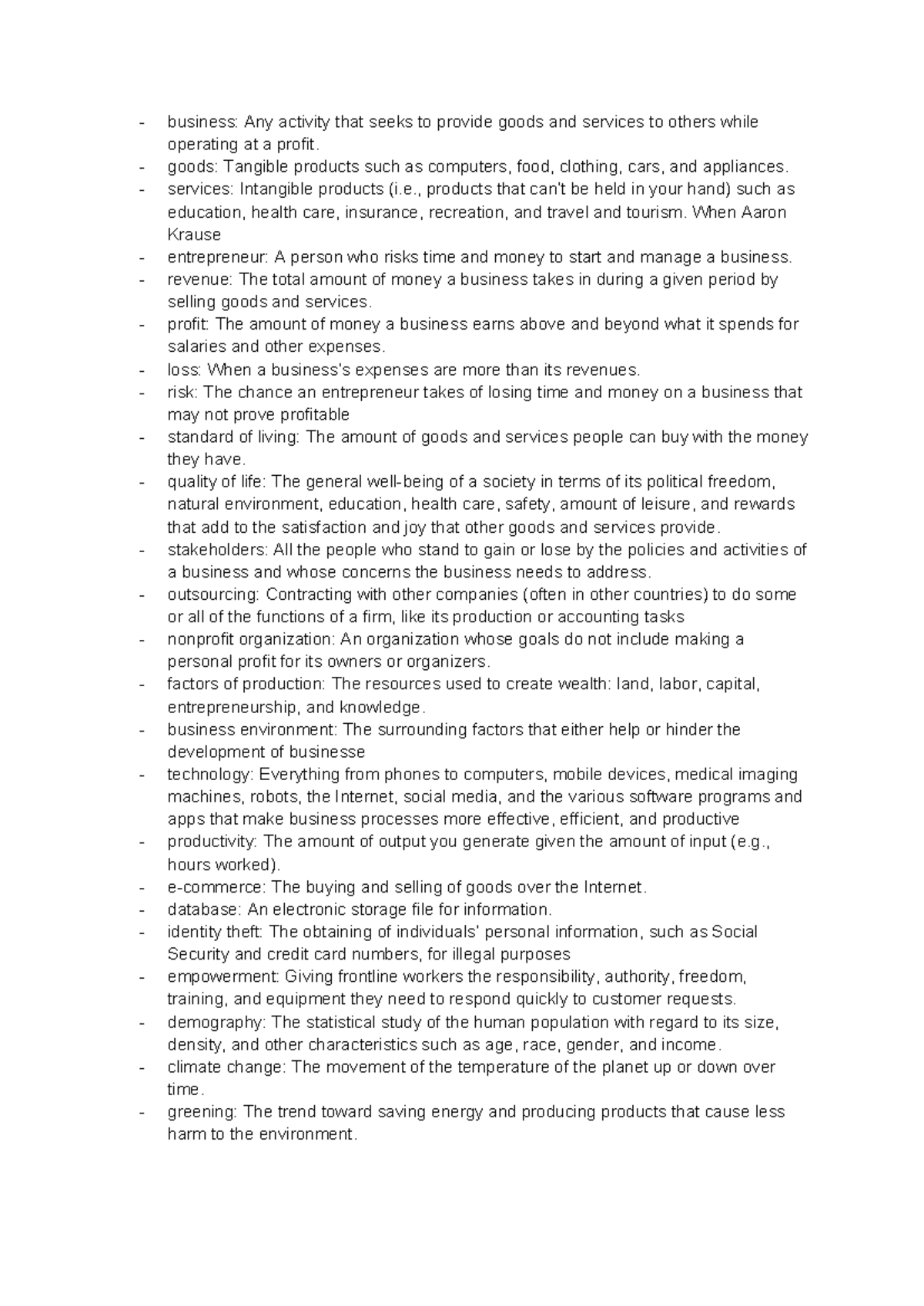 Business Concepts Overview: Key Terms and Definitions for Success - Studocu