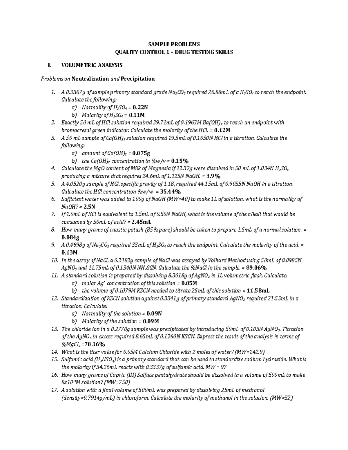 Quality Control 1: Volumetric Analysis Sample Problems for Drug Testing ...
