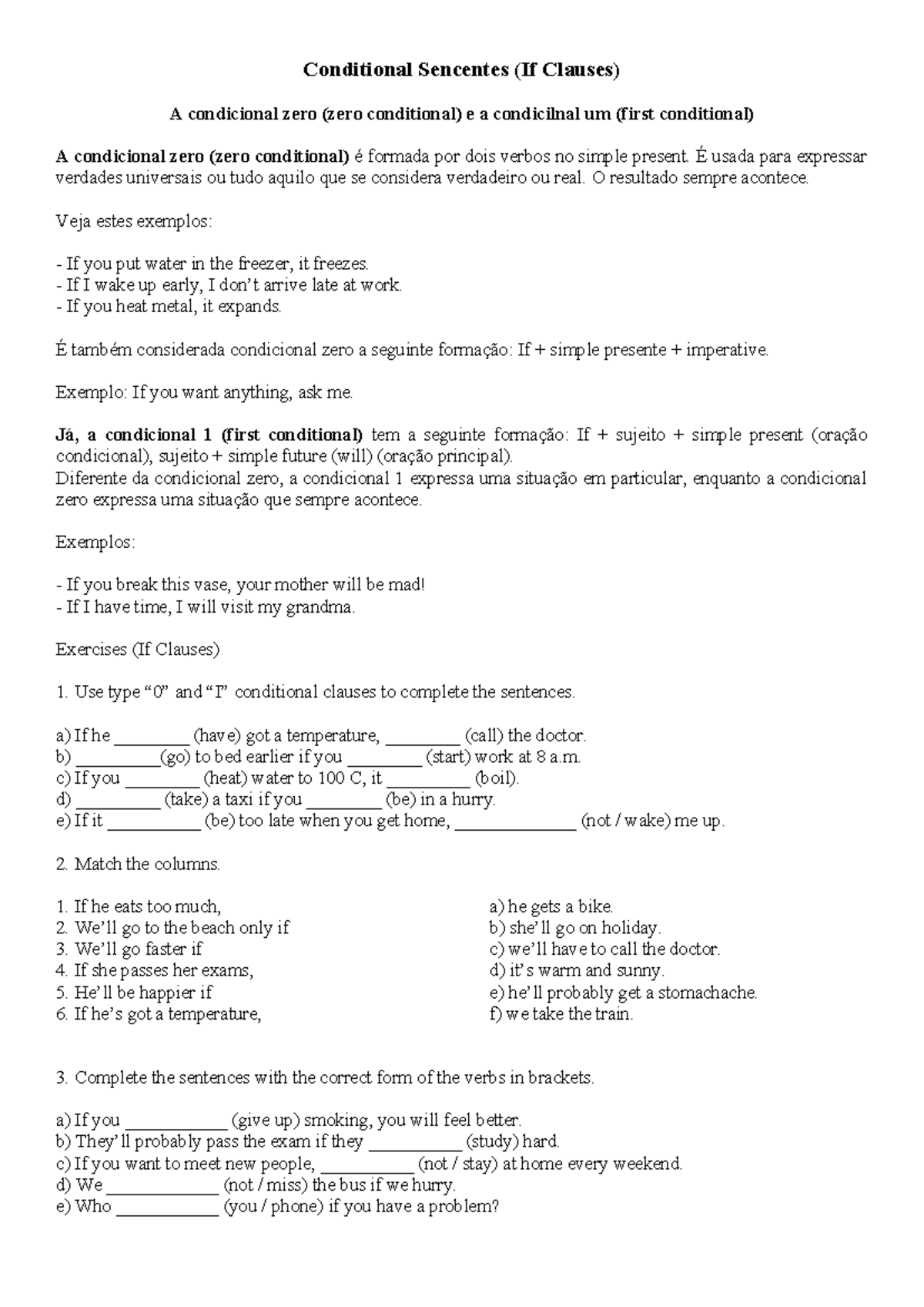 Condicionais - IF Clauses: Explicações e Exercícios com Respostas - Studocu