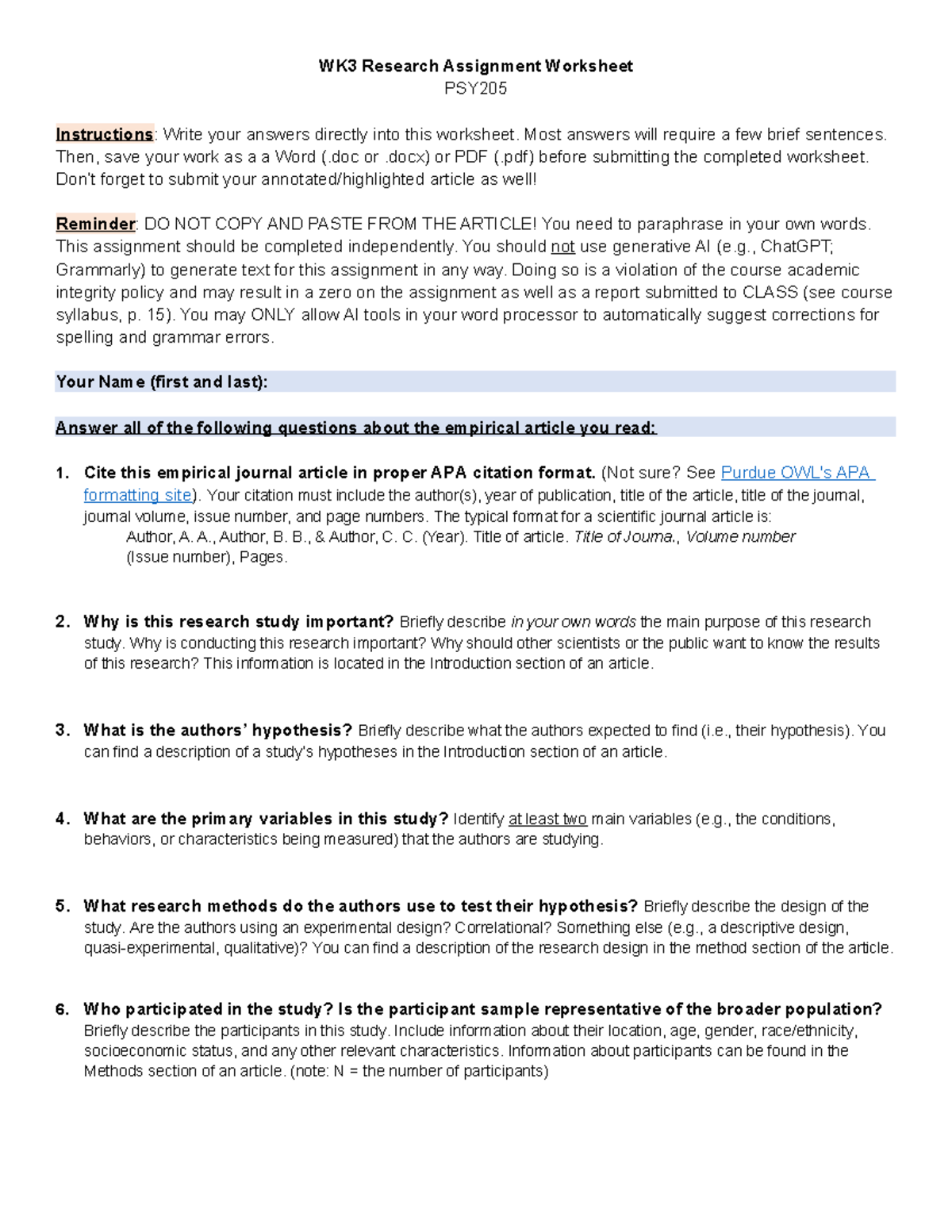 PSY205 WK3 Research Assignment Worksheet Instructions F25 - Studocu