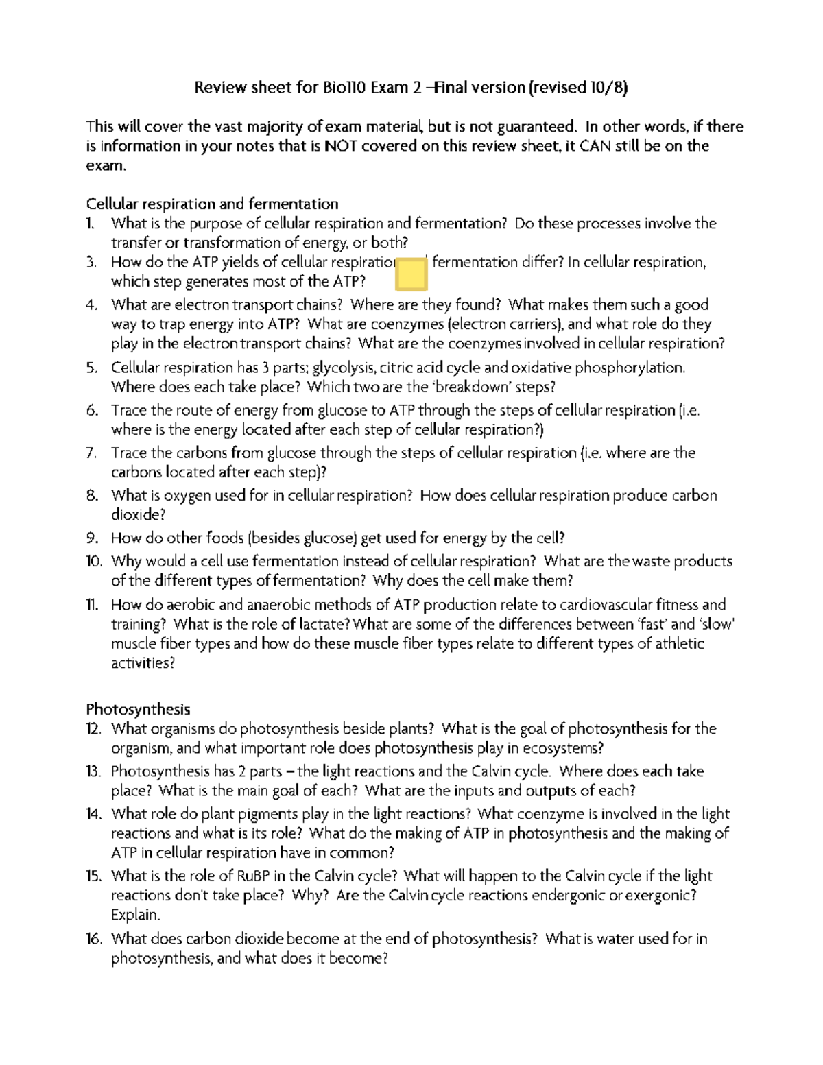 Bio110 Exam 2 Review Sheet: Key Concepts & Study Guide - Studocu