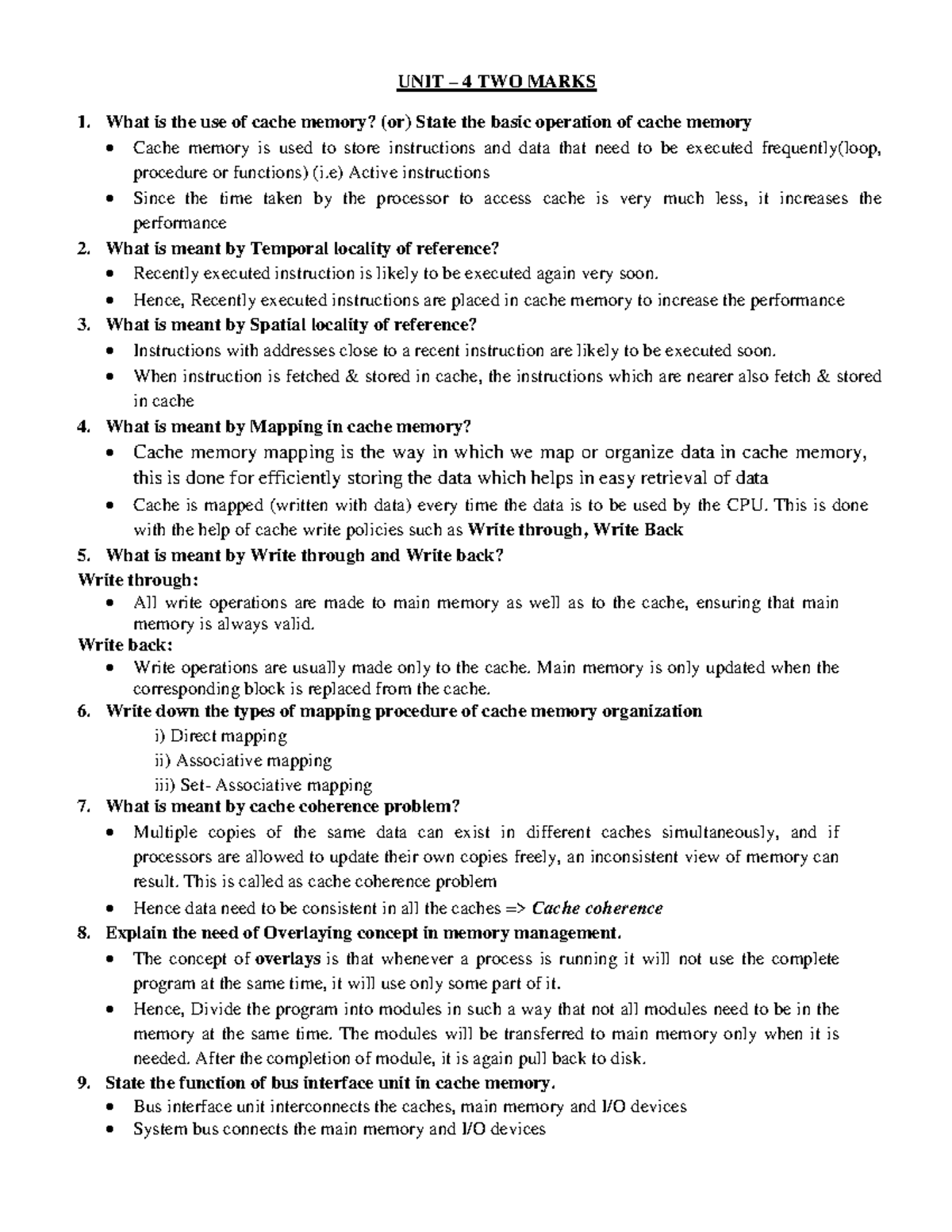 UNIT 4: CACHE MEMORY & VIRTUAL MEMORY - 2 MARKS QUESTIONS - Studocu
