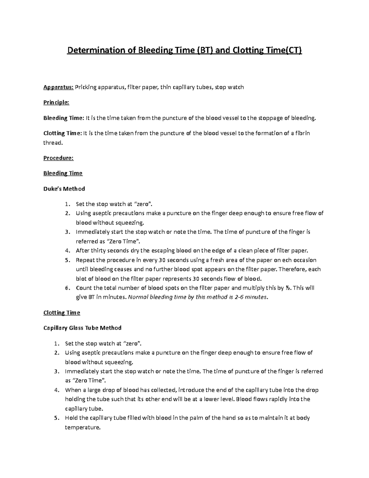 Determination of Bleeding Time (BT) and Clotting Time (CT) Methods ...