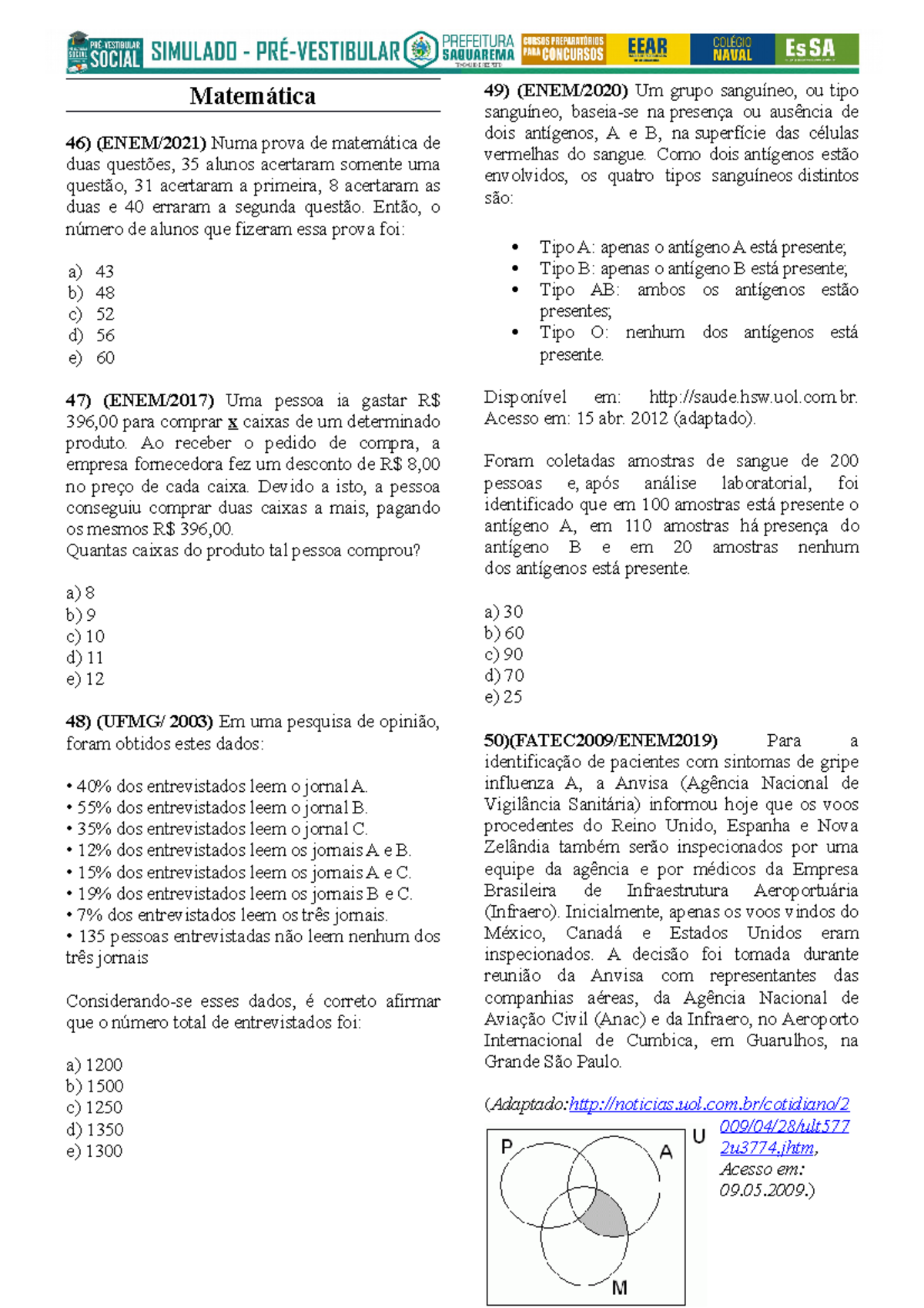 Simulado de Matemática - PRÉ-Vestibular 1 - Questões e Respostas - Studocu
