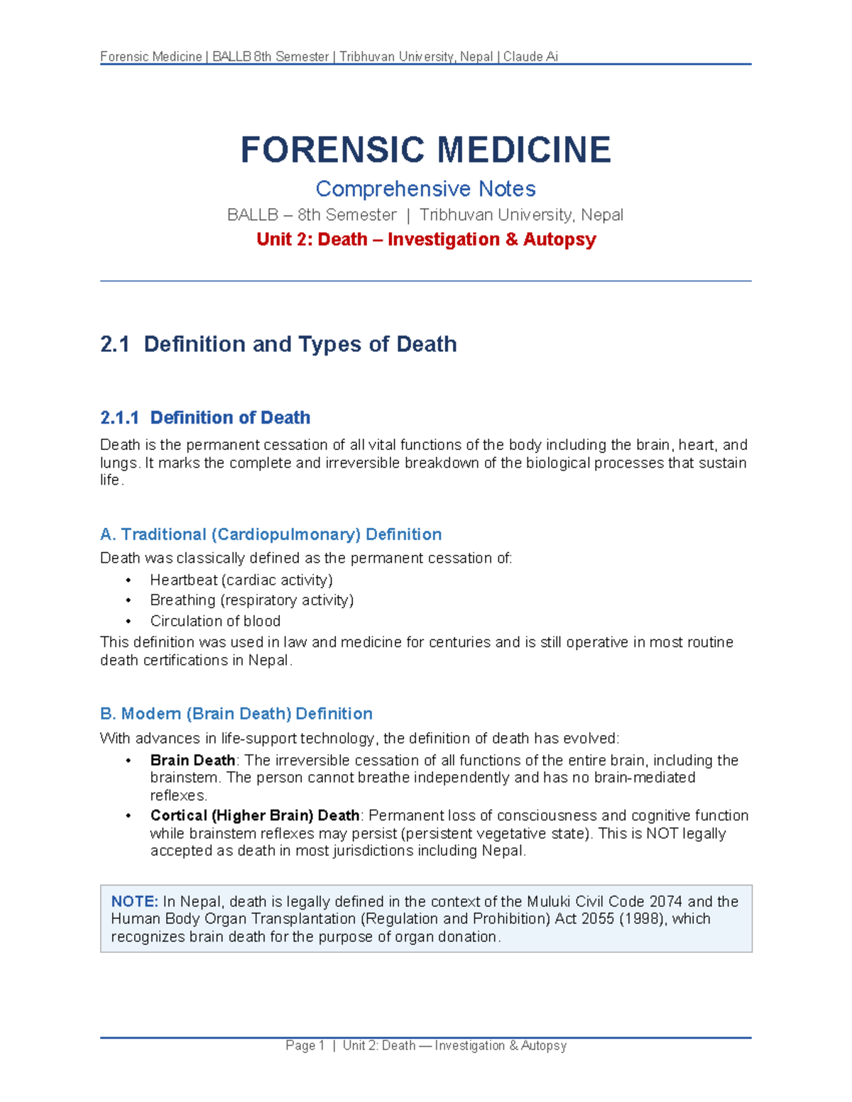 Forensic Medicine Unit 2: Death Investigation Notes - BALLB 8th ...
