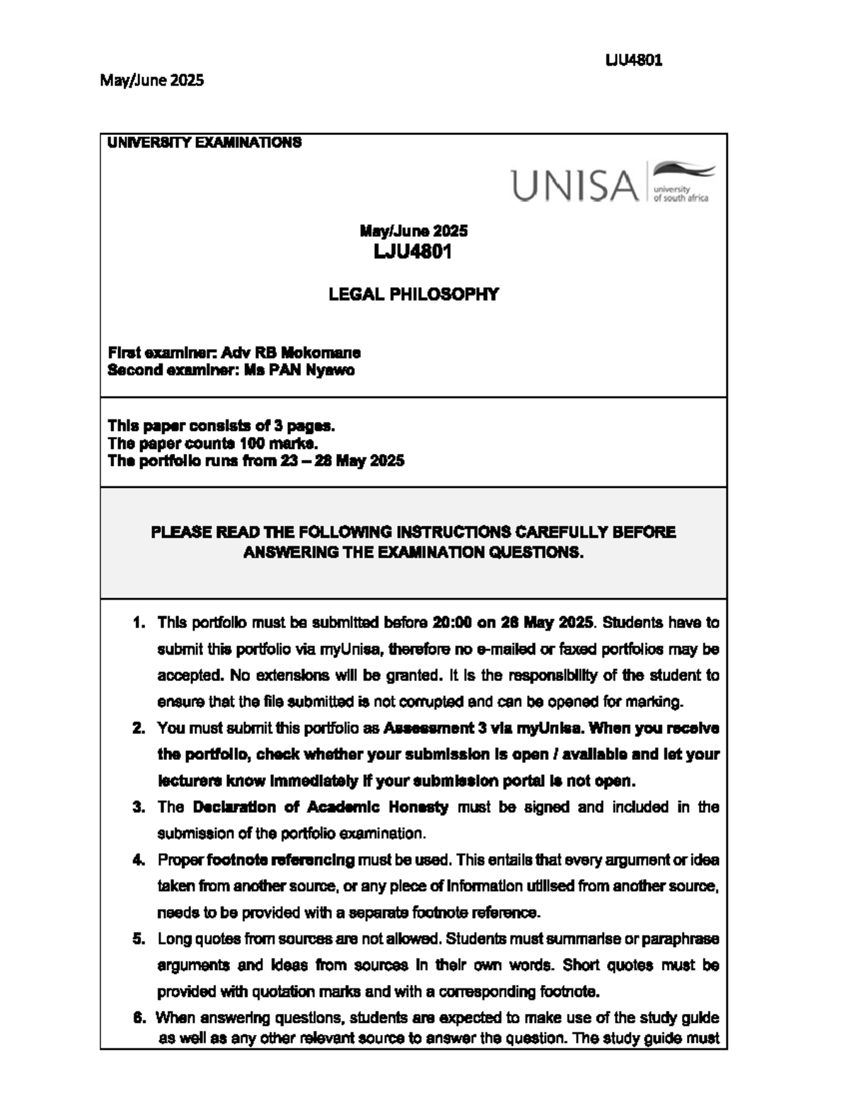 LJU4801 2025 Final Exam: Legal Philosophy Questions and Guidelines ...