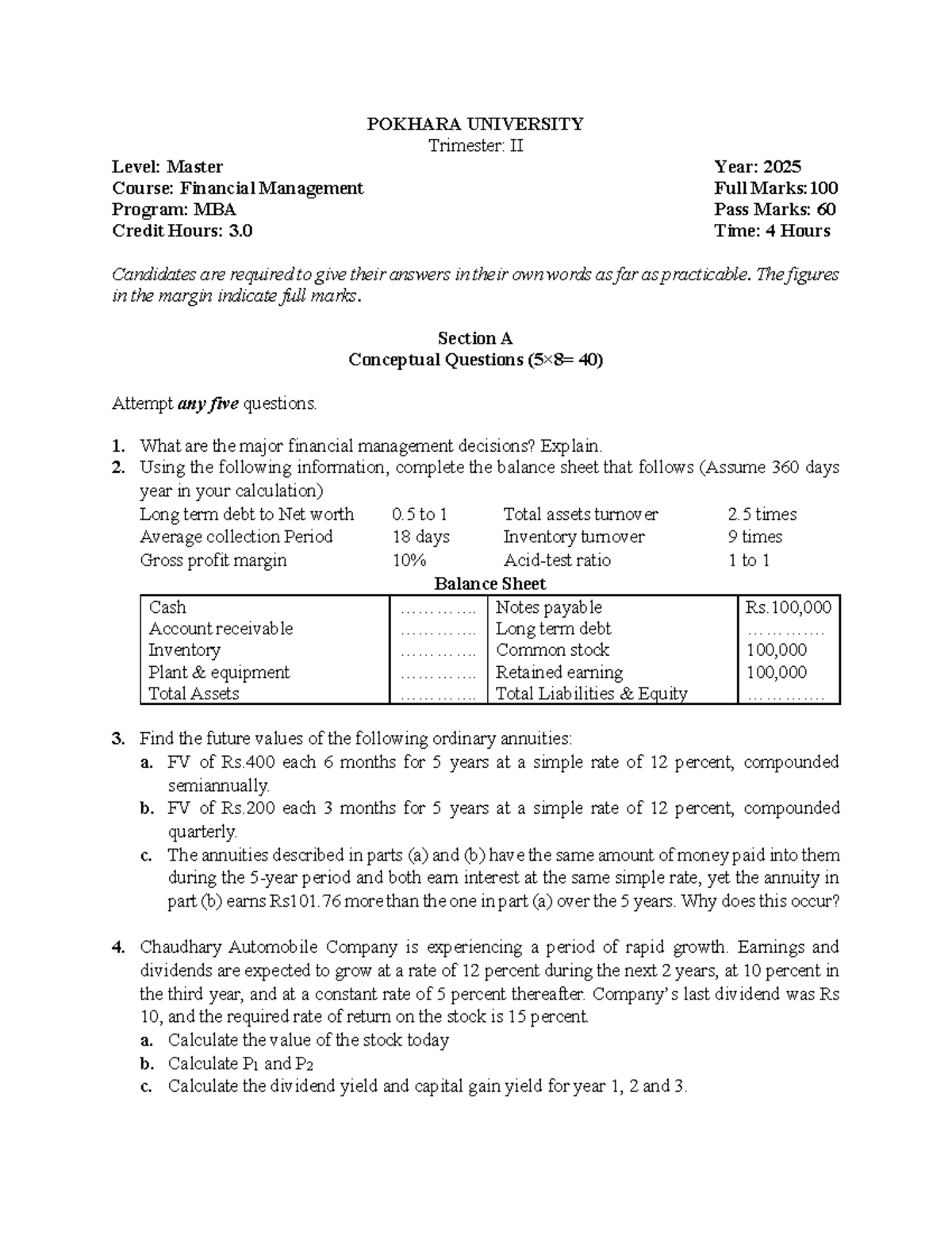 MBA 2025 Financial Management Model Questions for Trimester II - Studocu