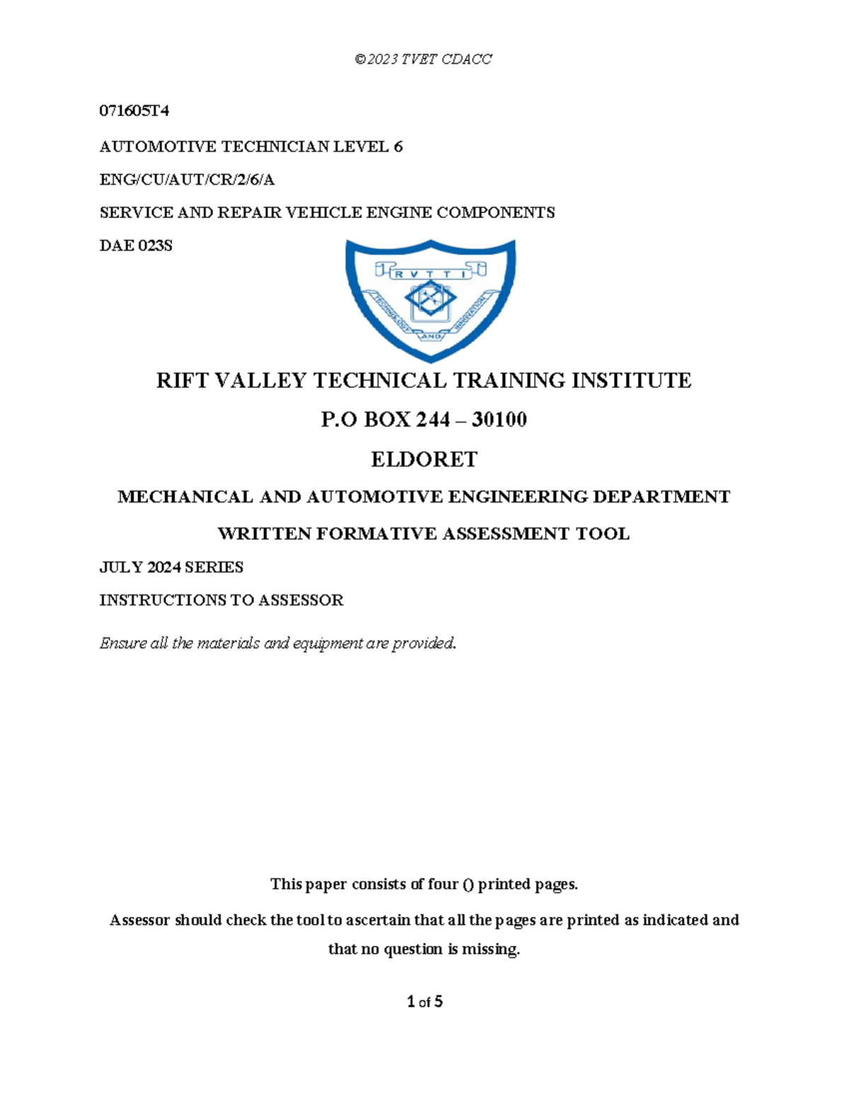 Practical Assessment Tool for S&RVEC: Automotive Technician Level 6 ...