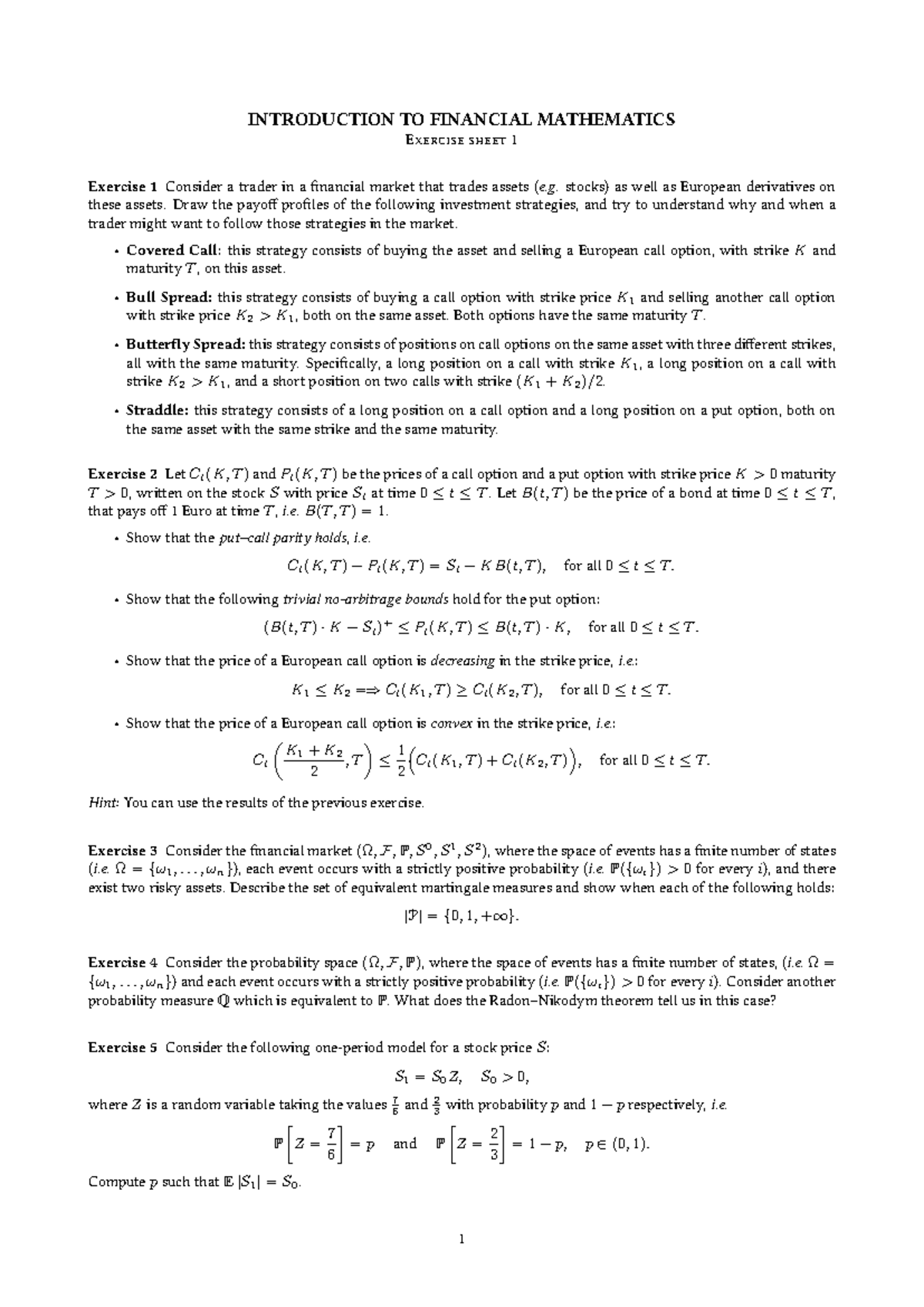 Introduction to Financial Mathematics - Exercise Sheet 1 - Studeersnel