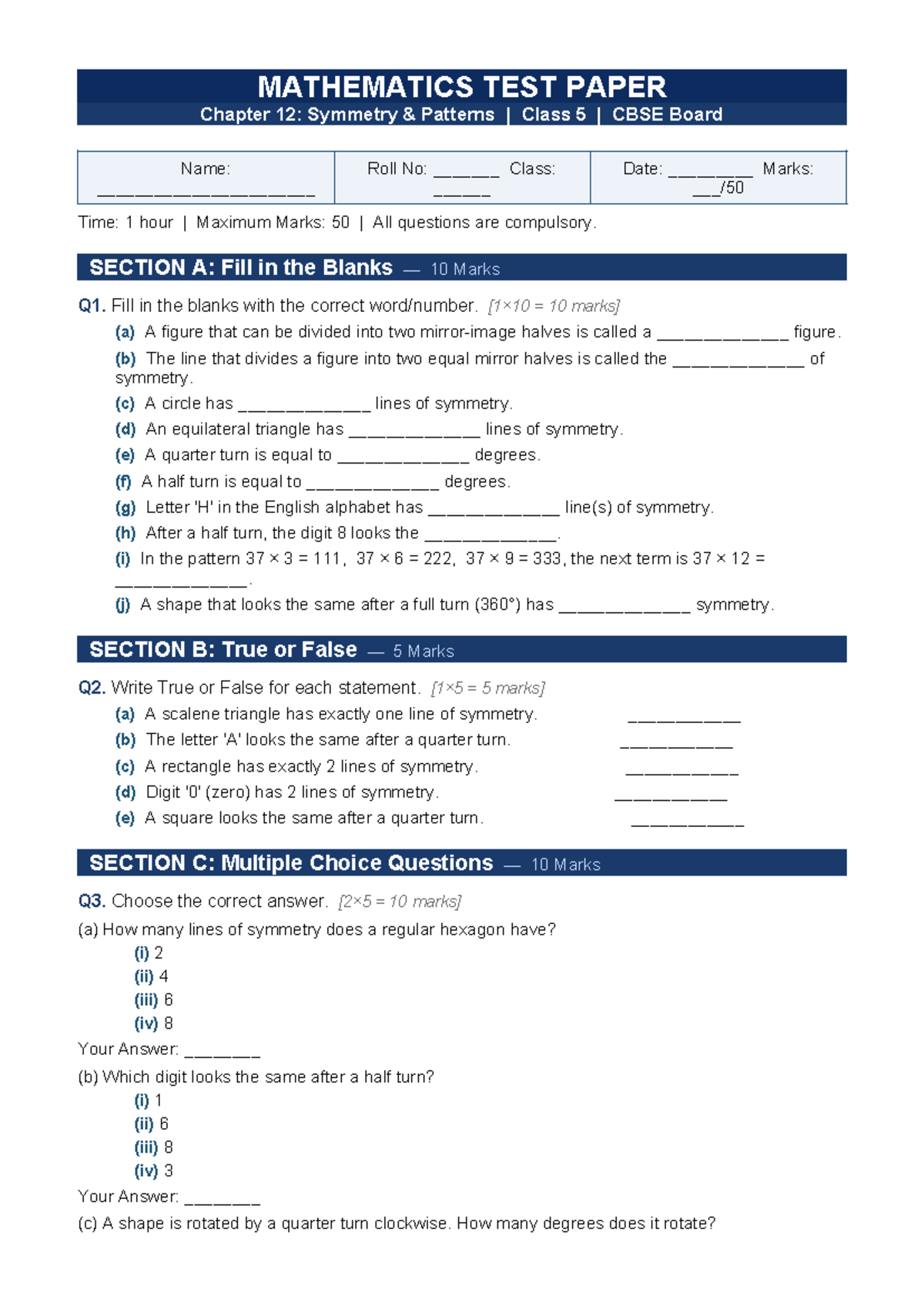 MATHEMATICS TEST PAPER: Chapter 12 - Symmetry Patterns (Class 5 CBSE ...